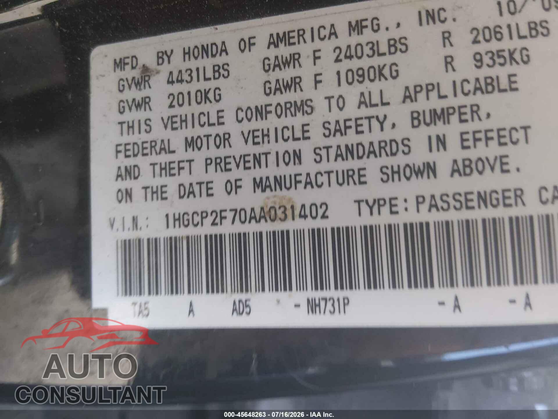 HONDA ACCORD 2010 - 1HGCP2F70AA031402