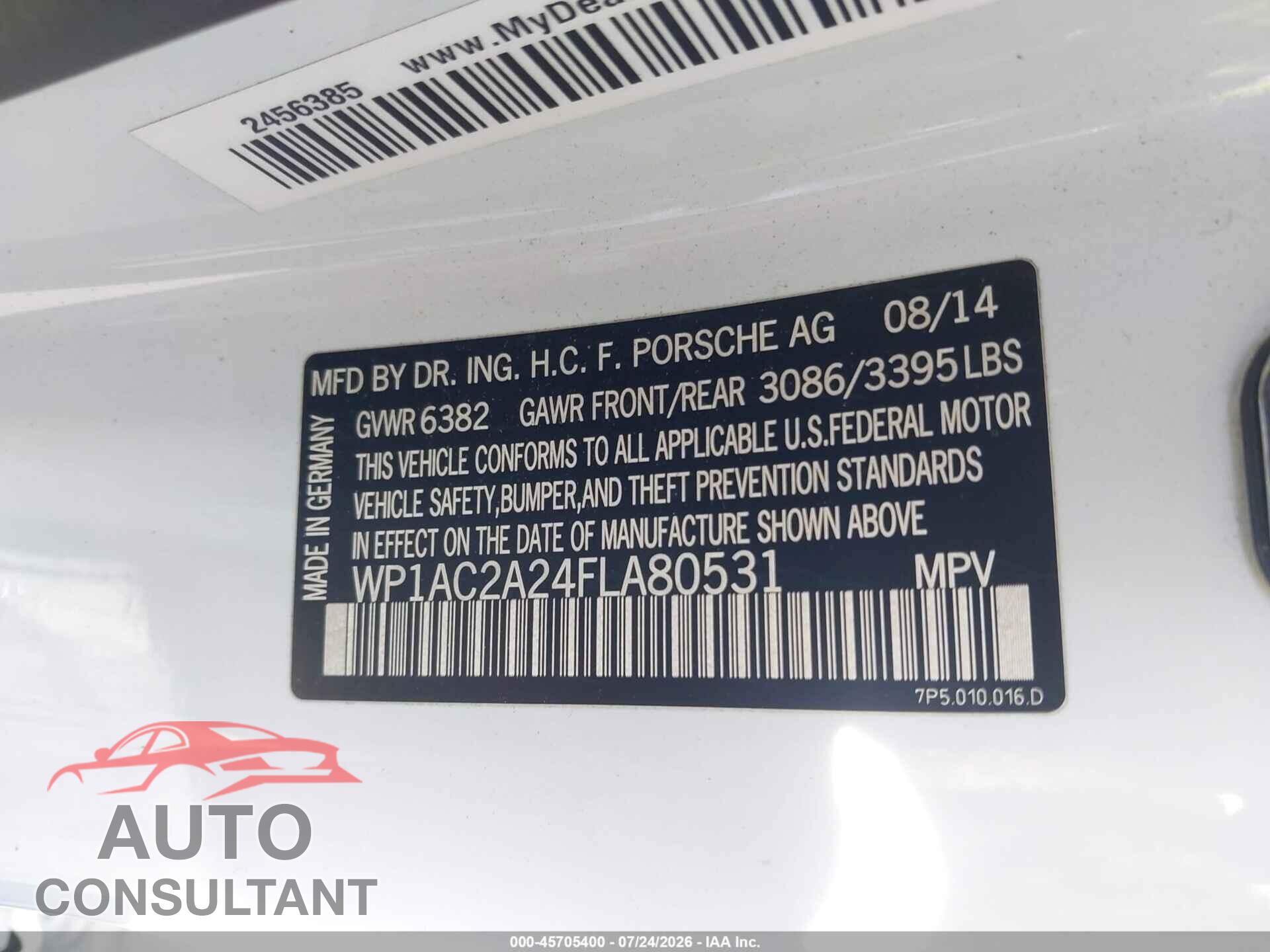 PORSCHE CAYENNE 2015 - WP1AC2A24FLA80531