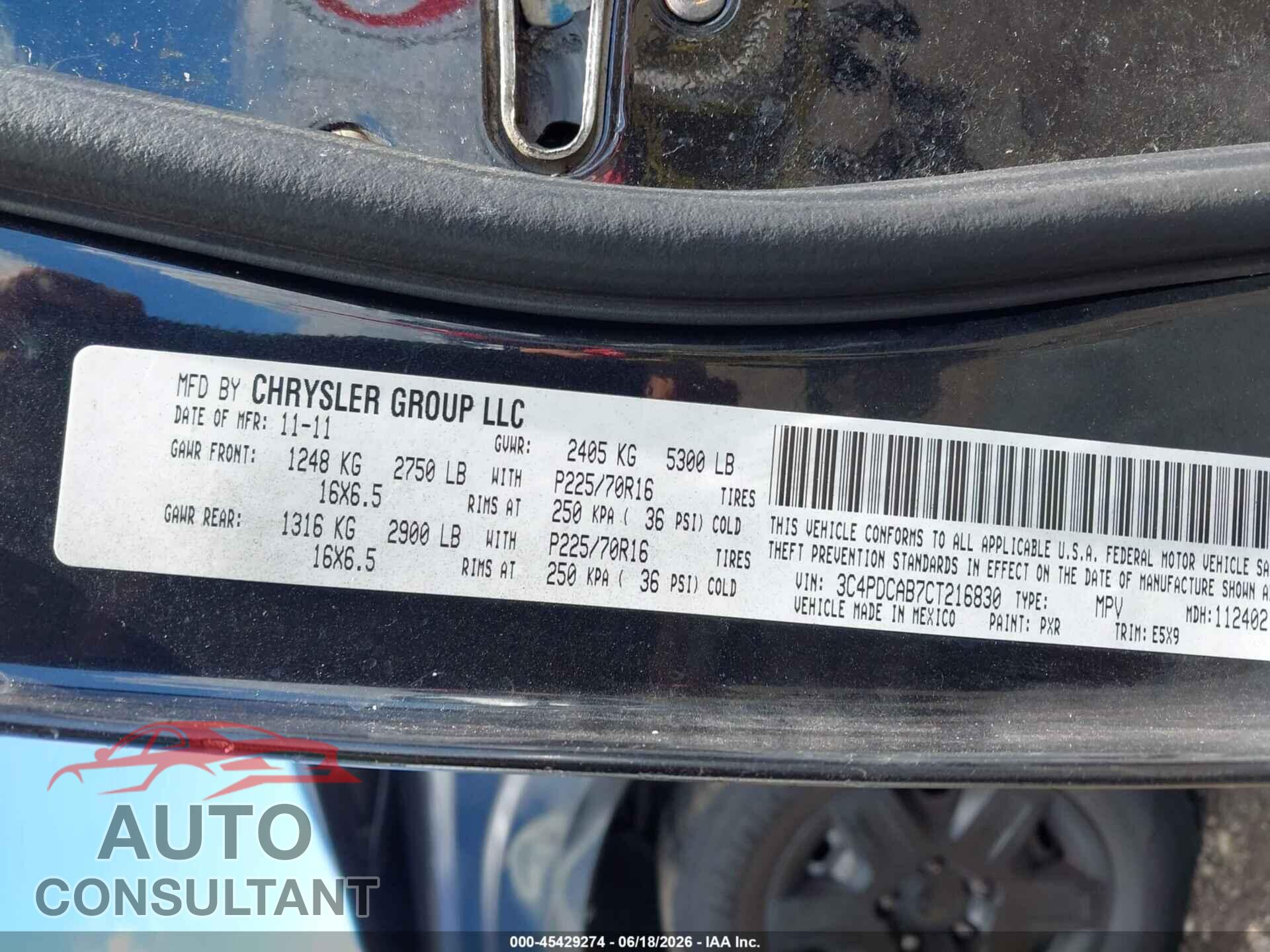 DODGE JOURNEY 2012 - 3C4PDCAB7CT216830