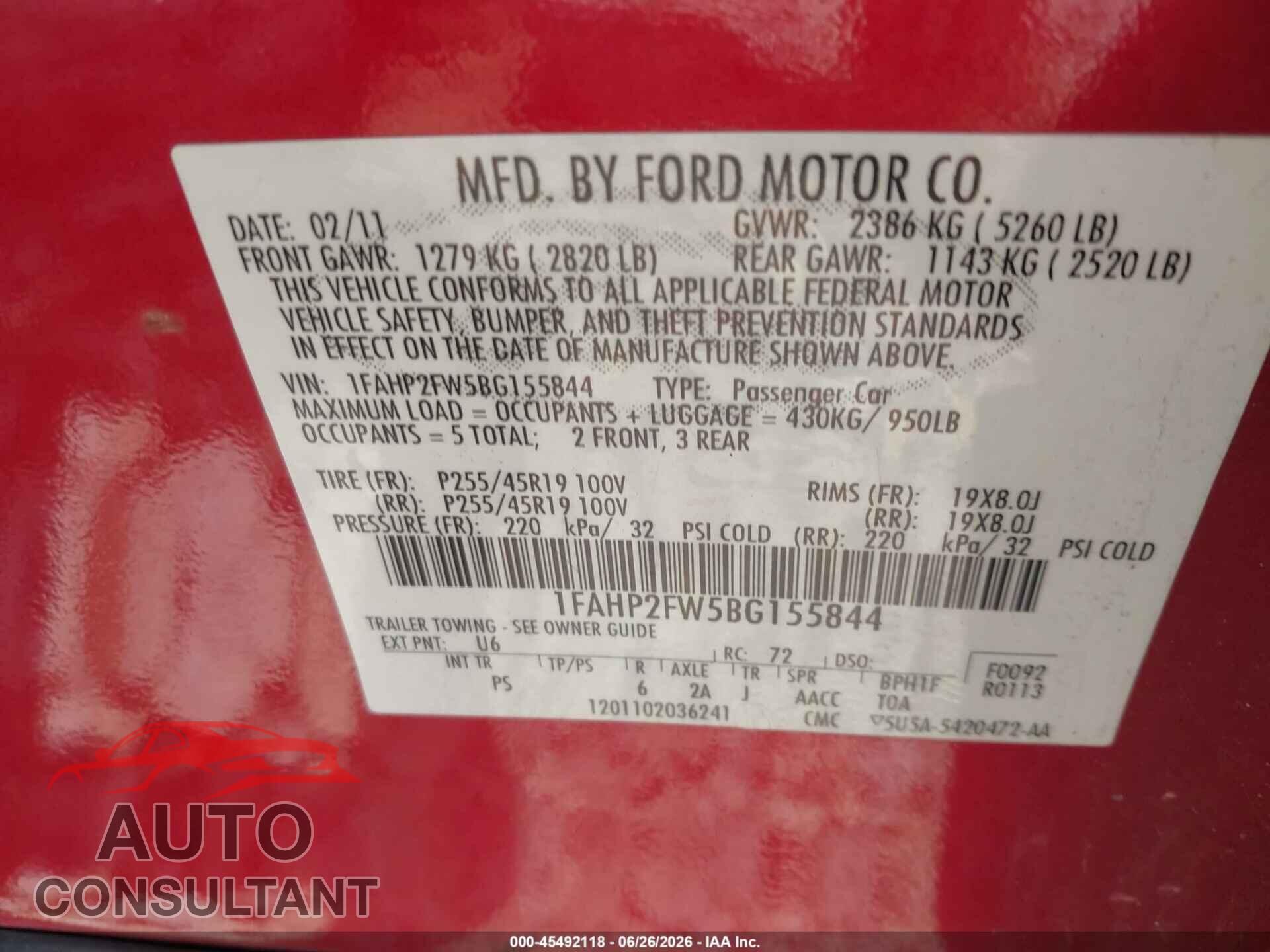 FORD TAURUS 2011 - 1FAHP2FW5BG155844