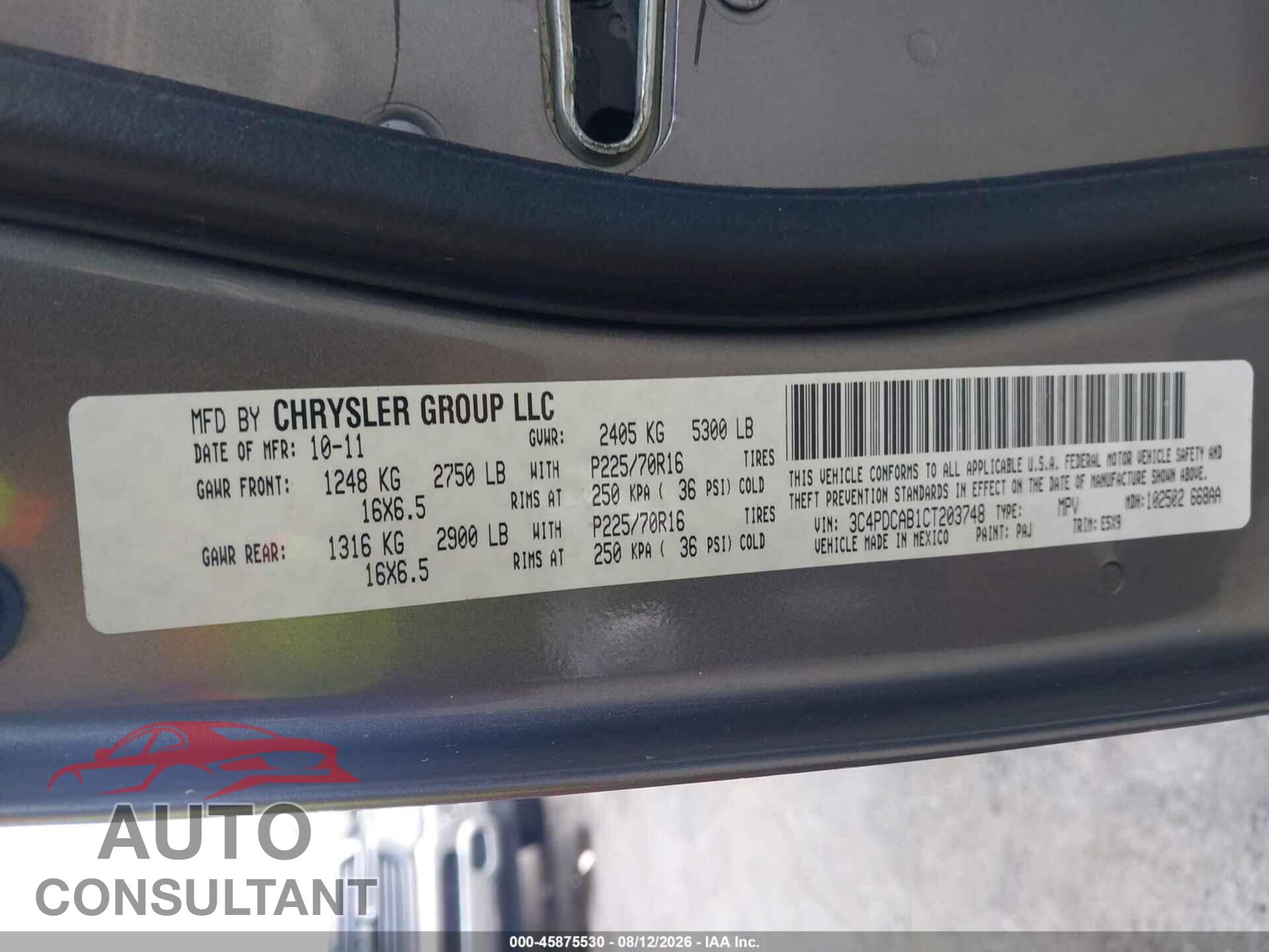 DODGE JOURNEY 2012 - 3C4PDCAB1CT203748