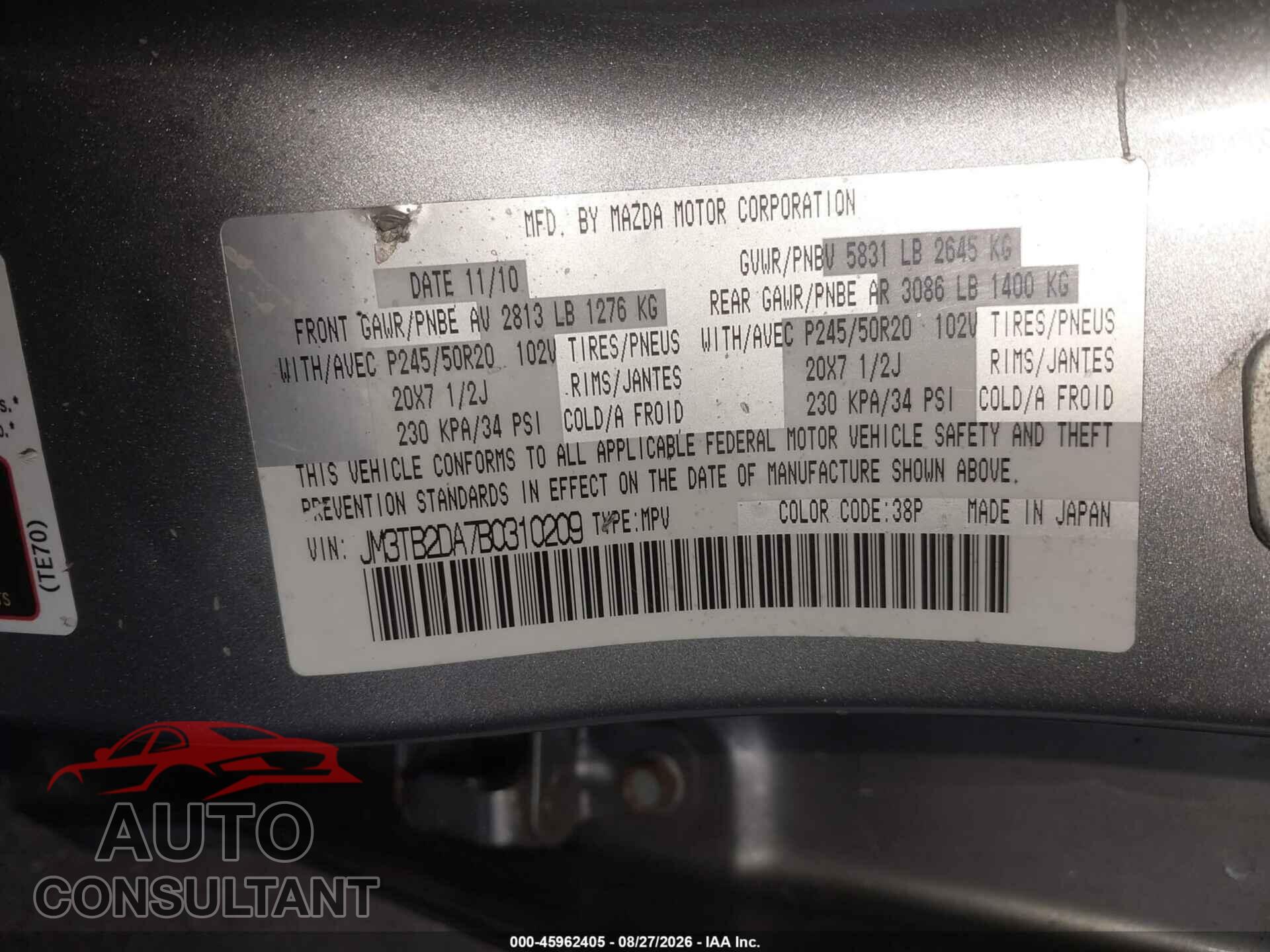 MAZDA CX-9 2011 - JM3TB2DA7B0310209