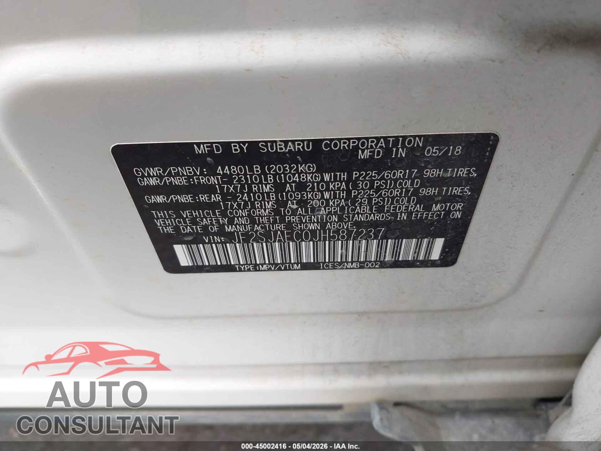 SUBARU FORESTER 2018 - JF2SJAEC0JH587237