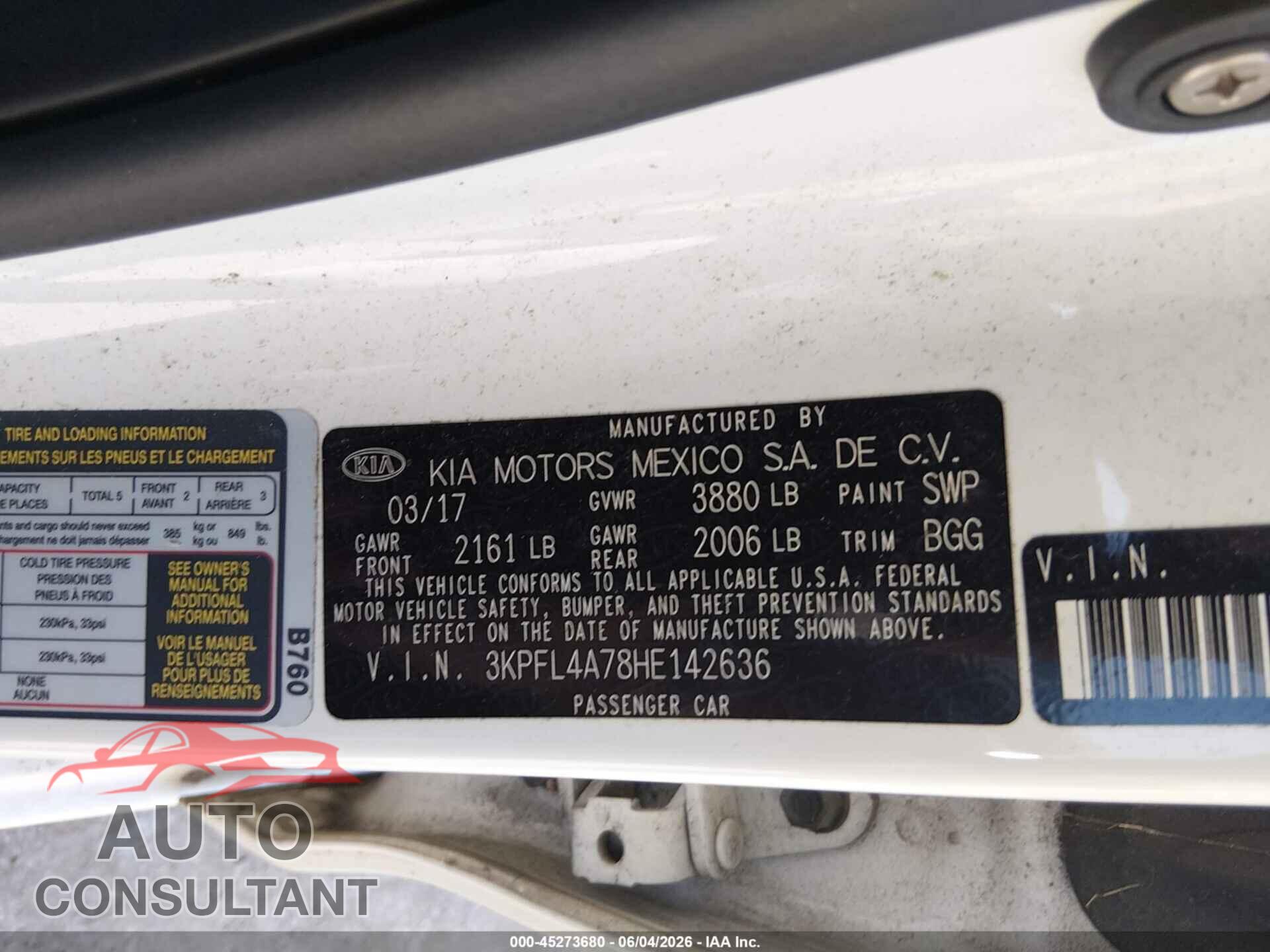 KIA FORTE 2017 - 3KPFL4A78HE142636