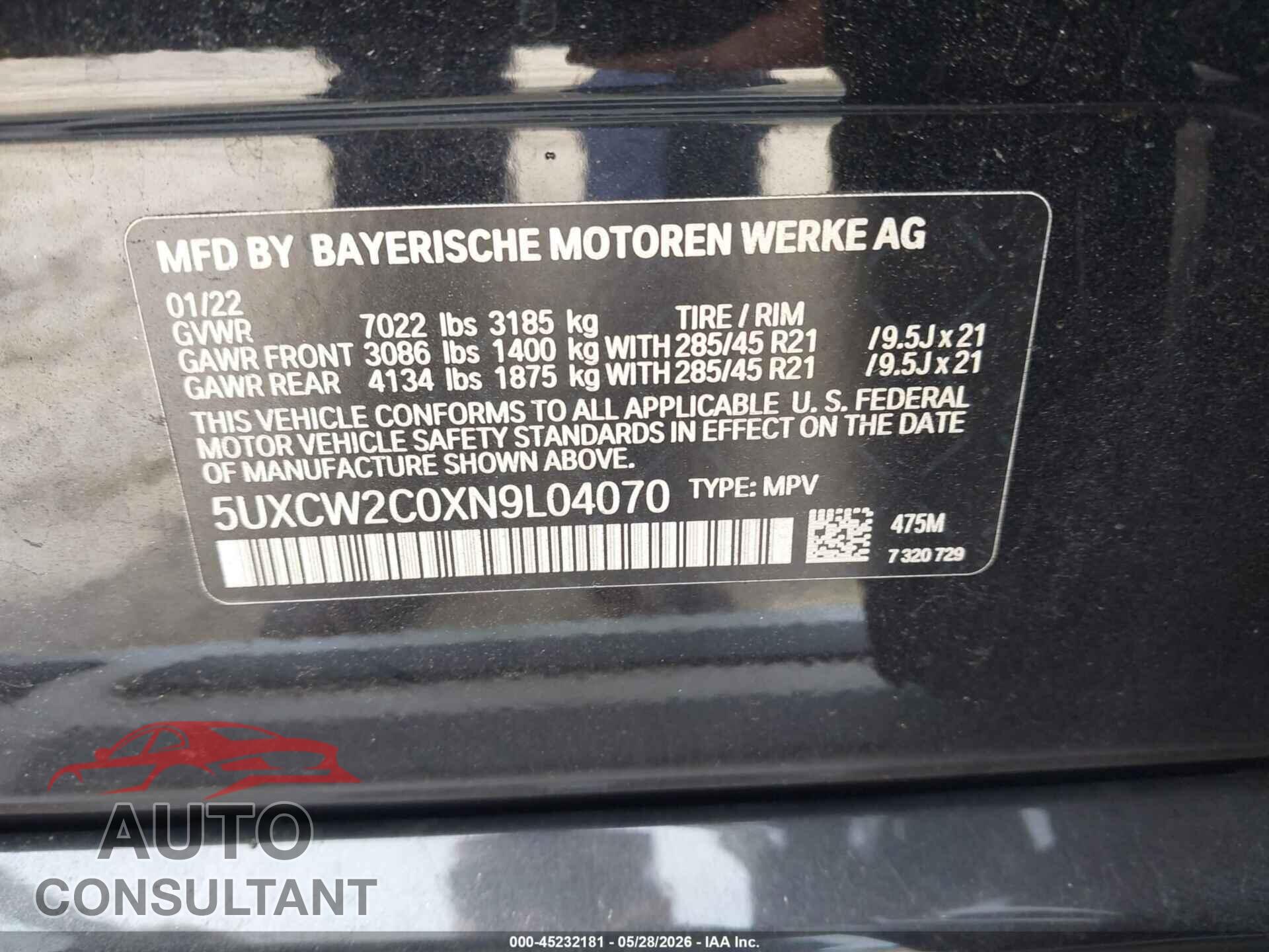BMW X7 2022 - 5UXCW2C0XN9L04070