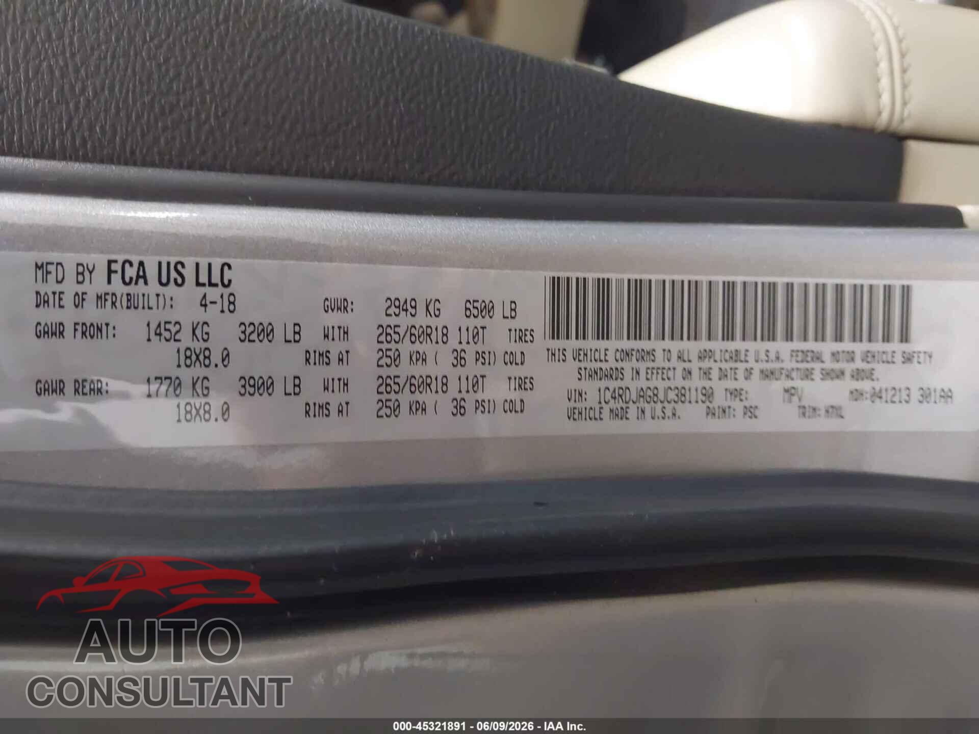 DODGE DURANGO 2018 - 1C4RDJAG8JC381190