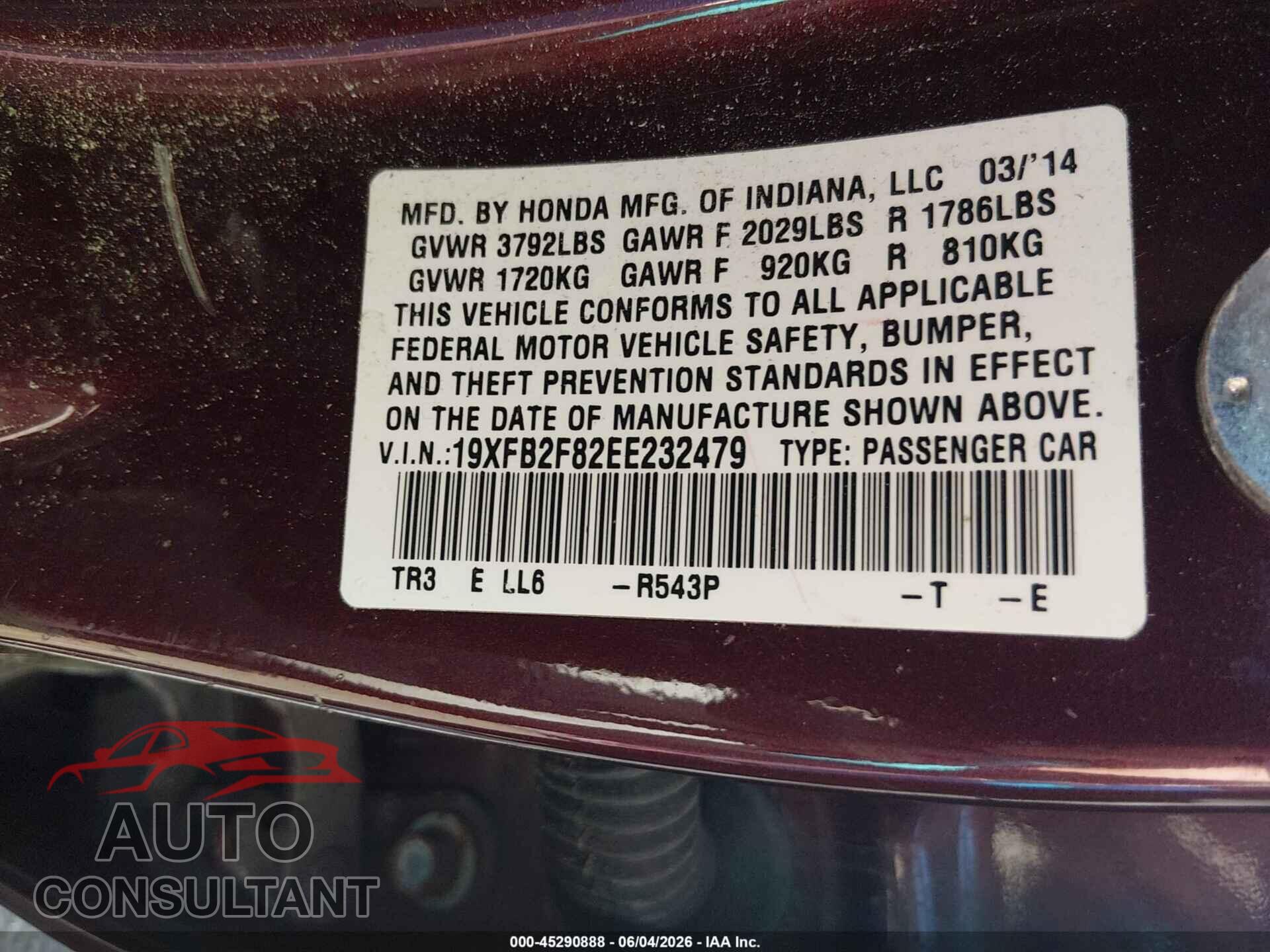 HONDA CIVIC 2014 - 19XFB2F82EE232479