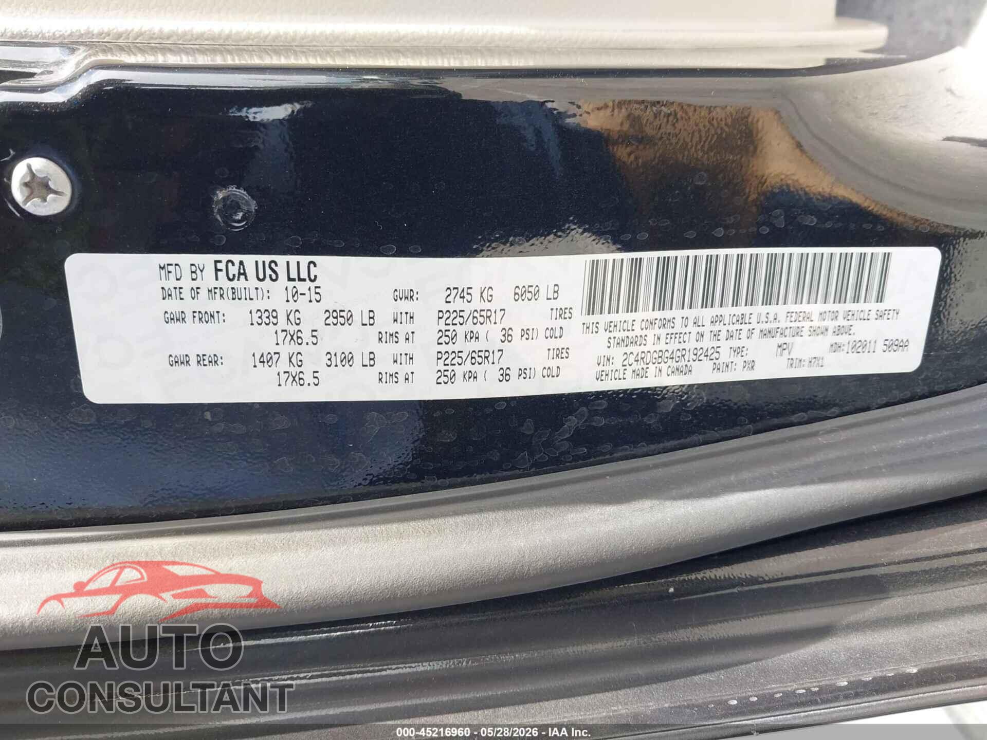 DODGE GRAND CARAVAN 2016 - 2C4RDGBG4GR192425