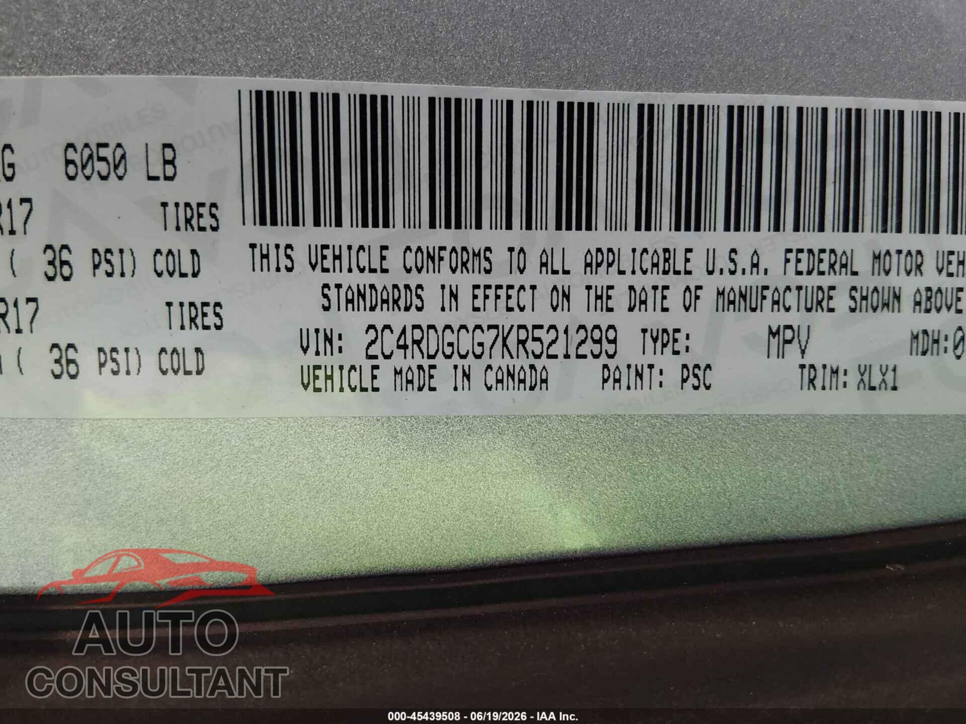 DODGE GRAND CARAVAN 2019 - 2C4RDGCG7KR521299