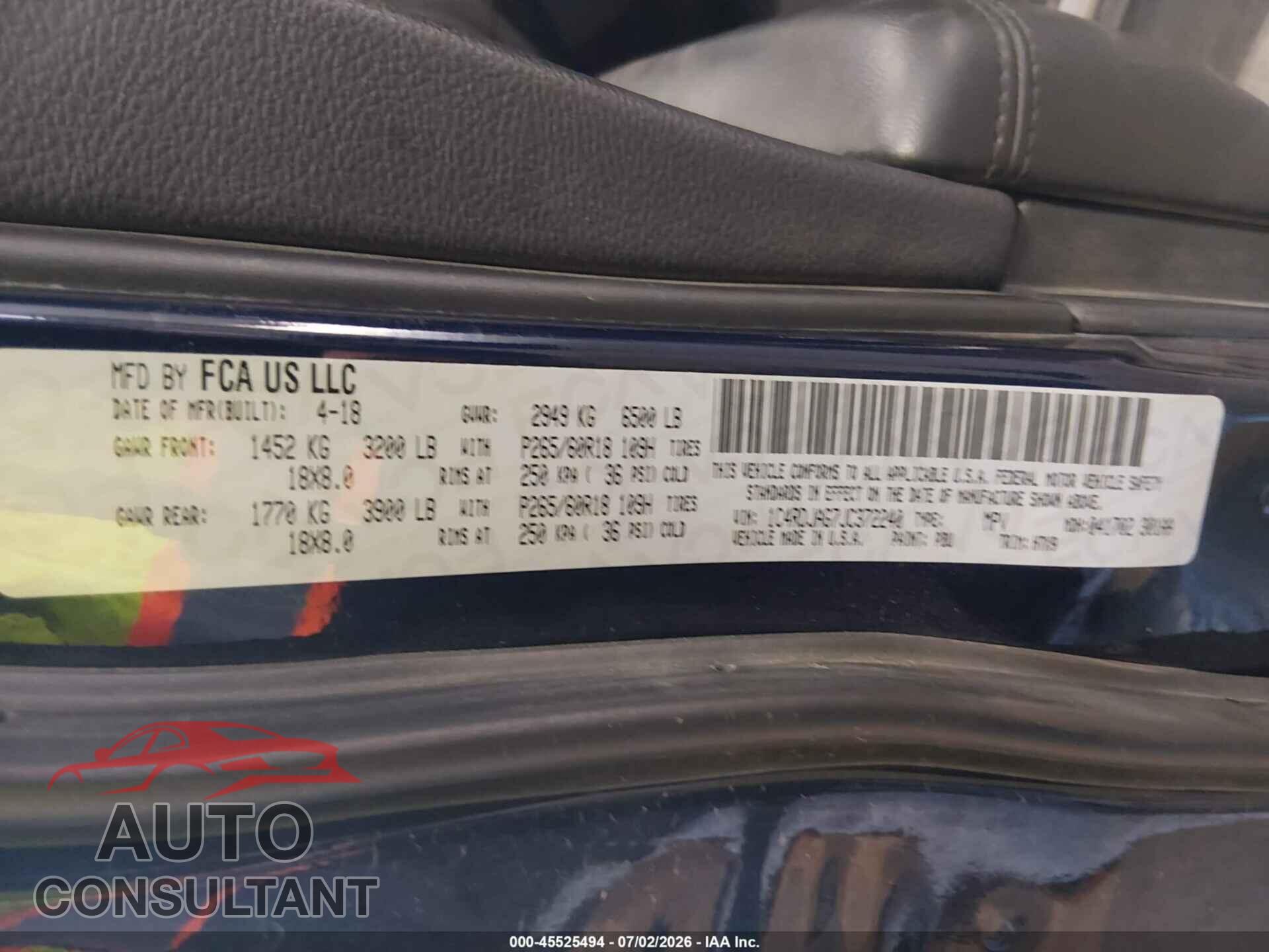 DODGE DURANGO 2018 - 1C4RDJAG7JC372240