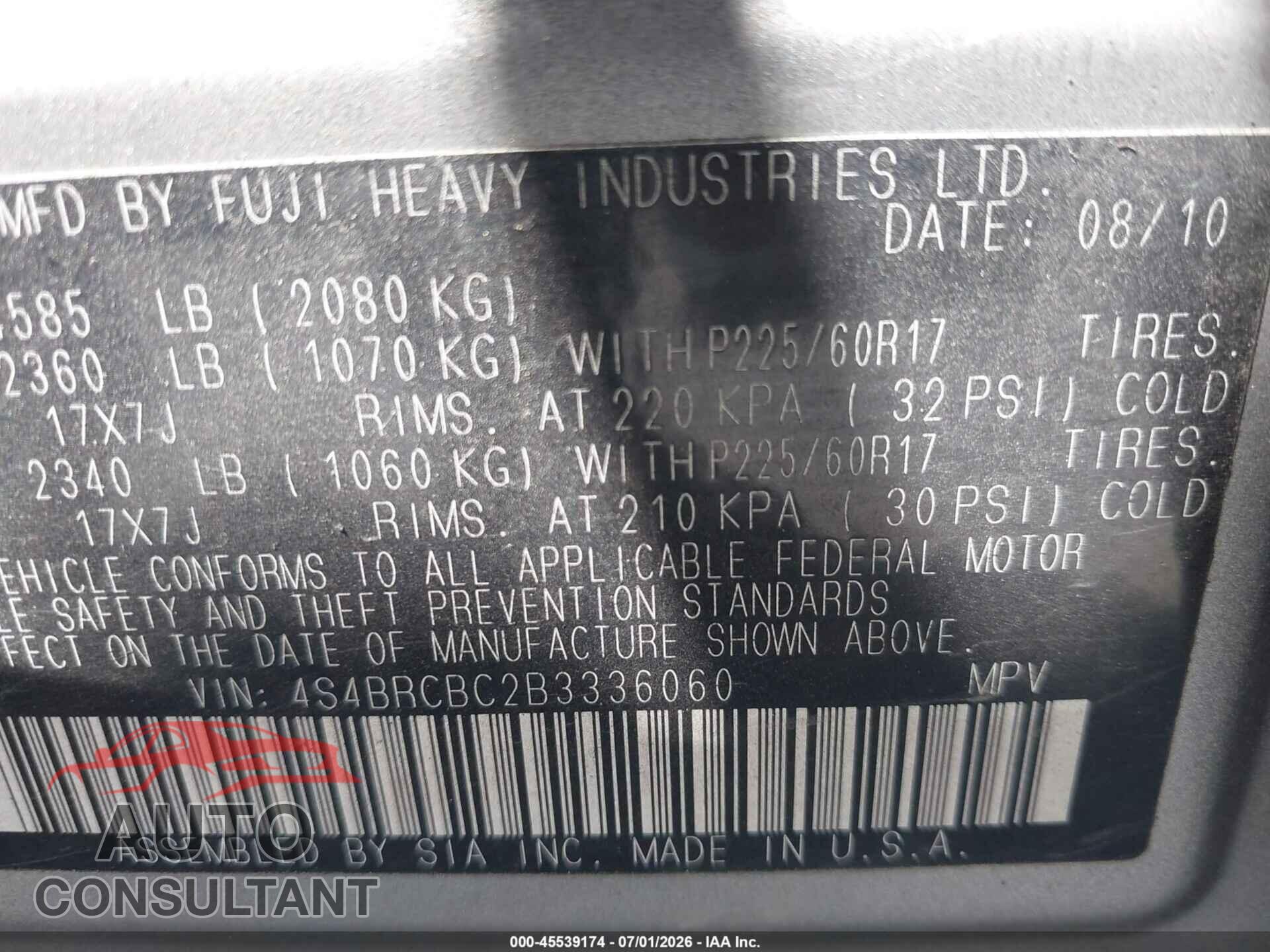 SUBARU OUTBACK 2011 - 4S4BRCBC2B3336060