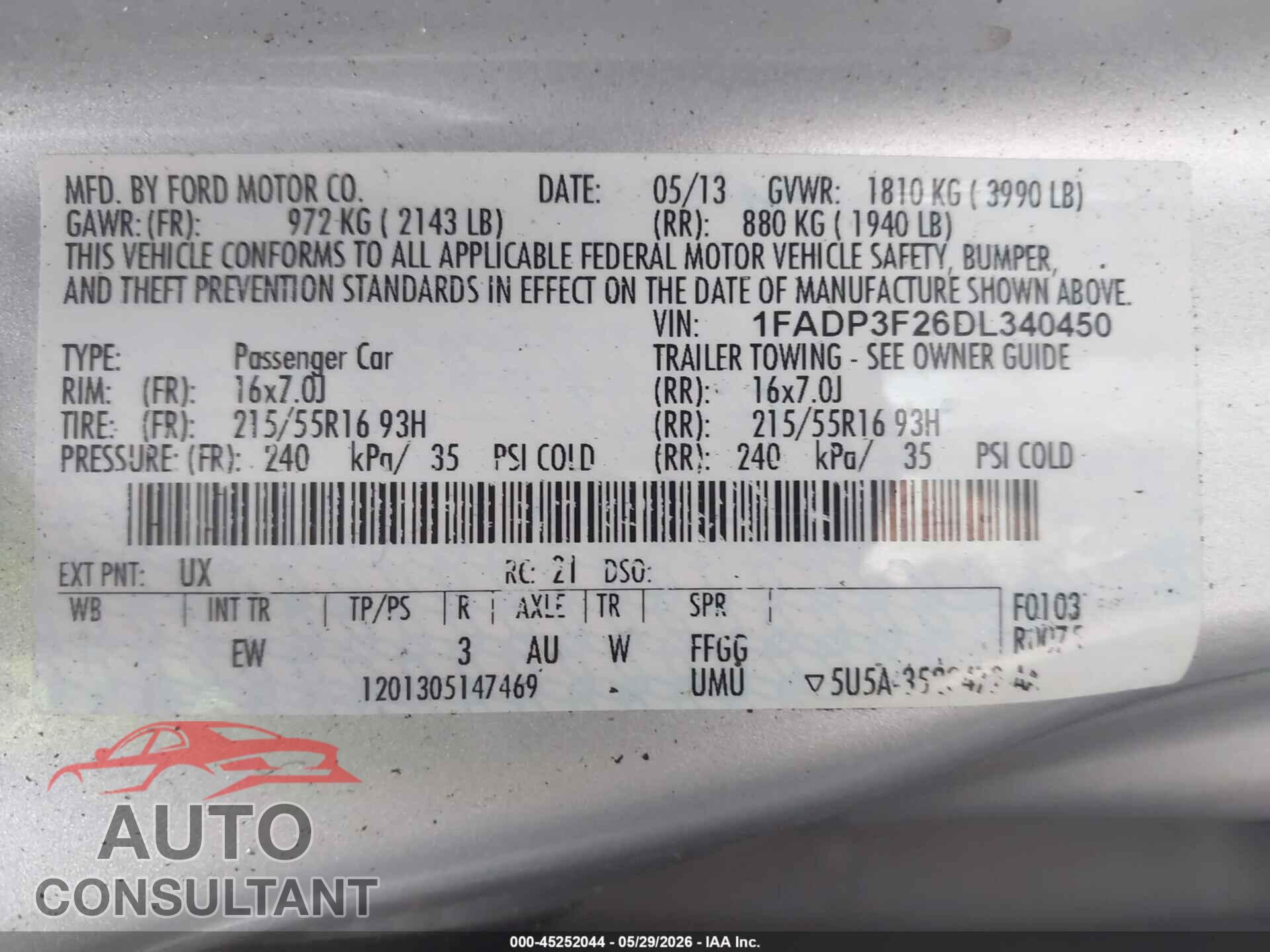 FORD FOCUS 2013 - 1FADP3F26DL340450