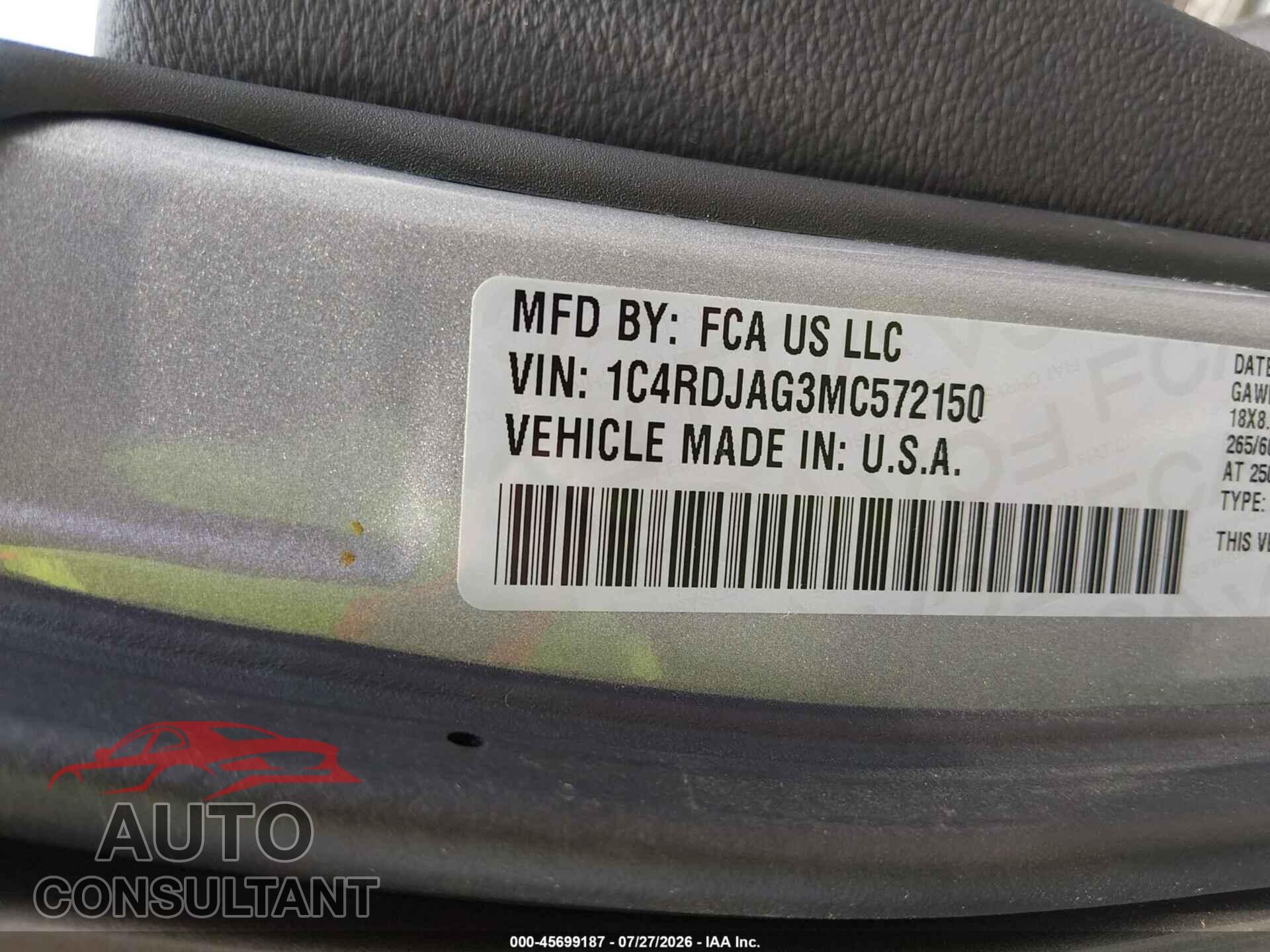 DODGE DURANGO 2021 - 1C4RDJAG3MC572150