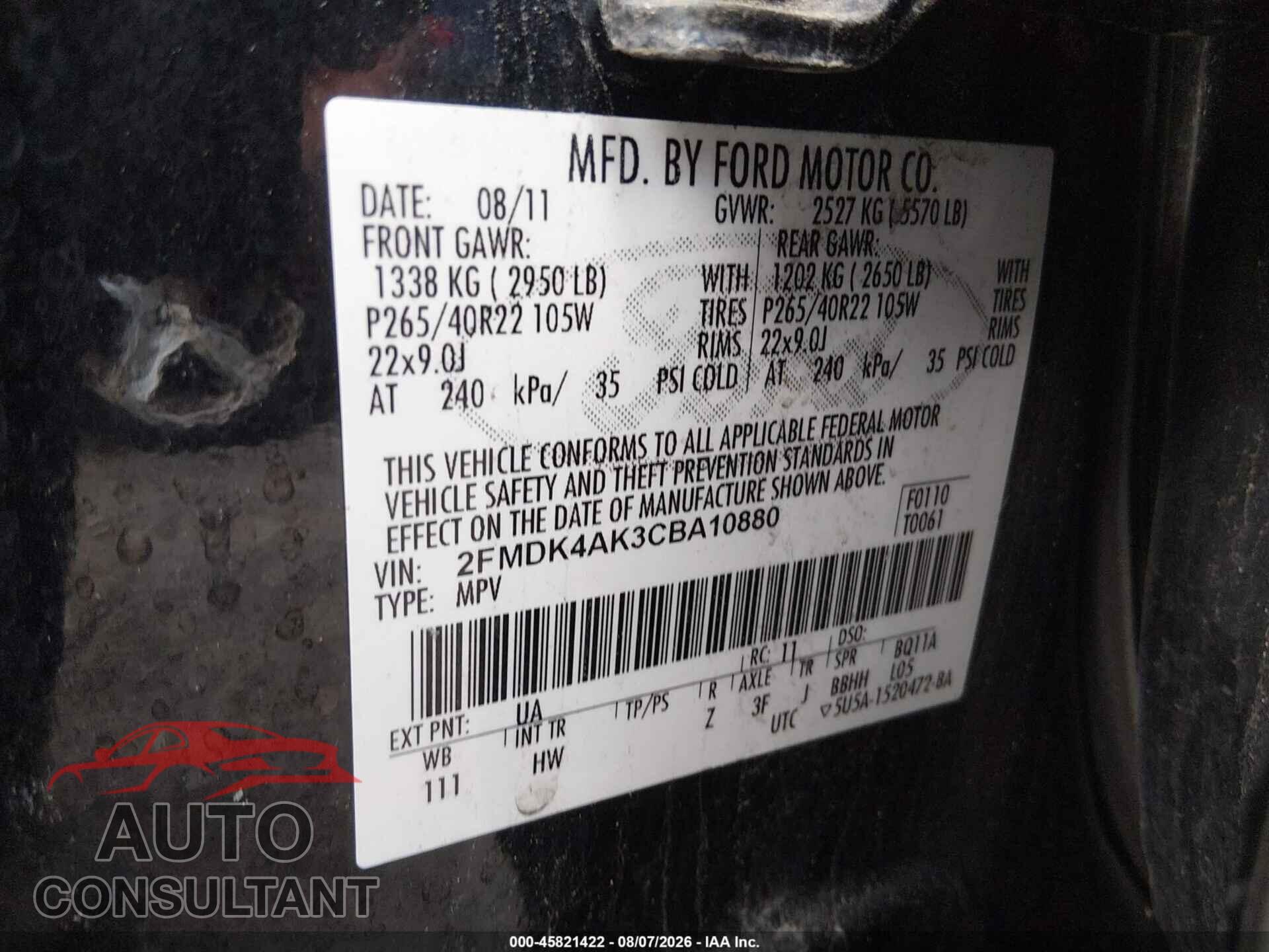 FORD EDGE 2012 - 2FMDK4AK3CBA10880