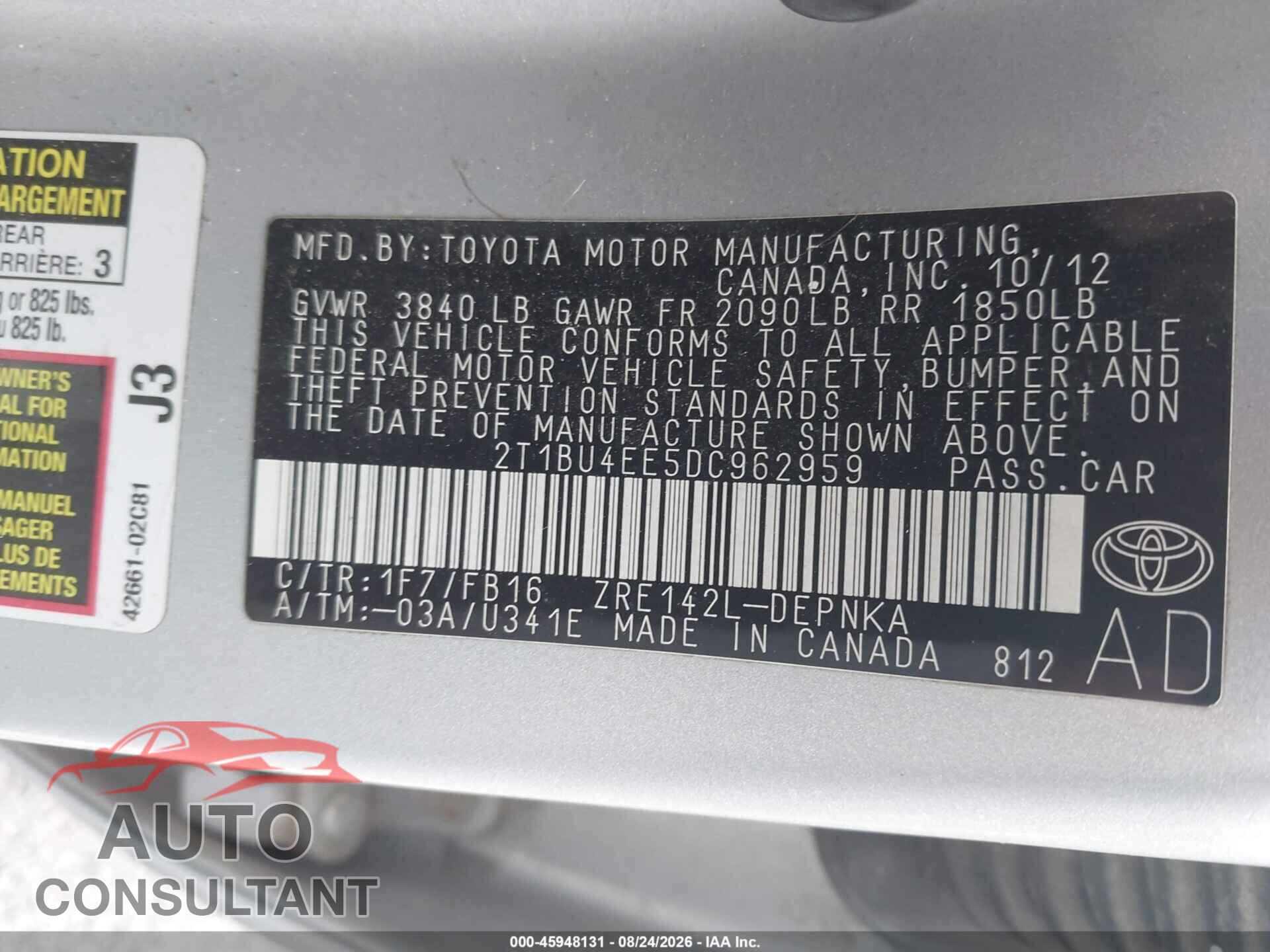 TOYOTA COROLLA 2013 - 2T1BU4EE5DC962959
