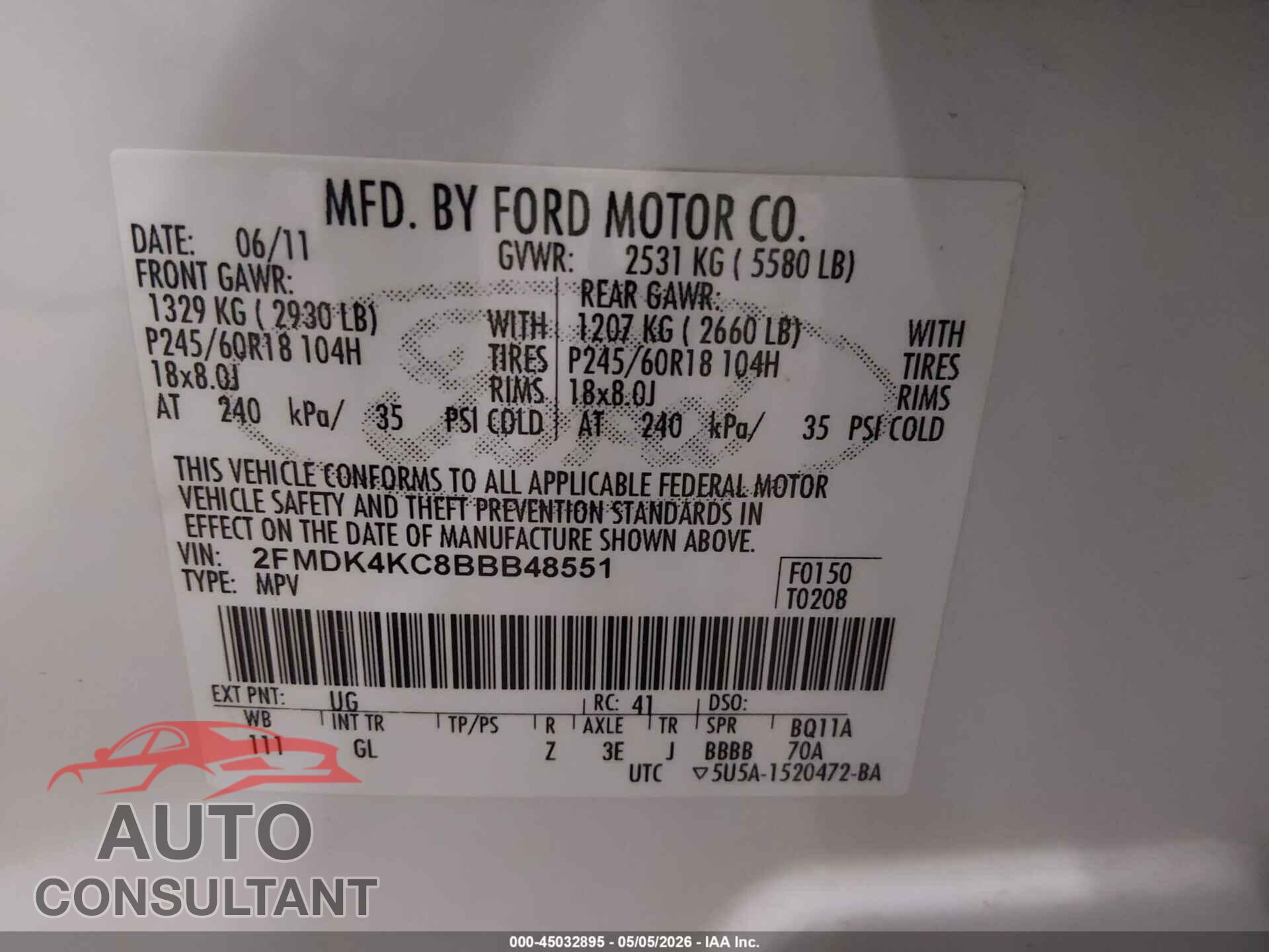 FORD EDGE 2011 - 2FMDK4KC8BBB48551