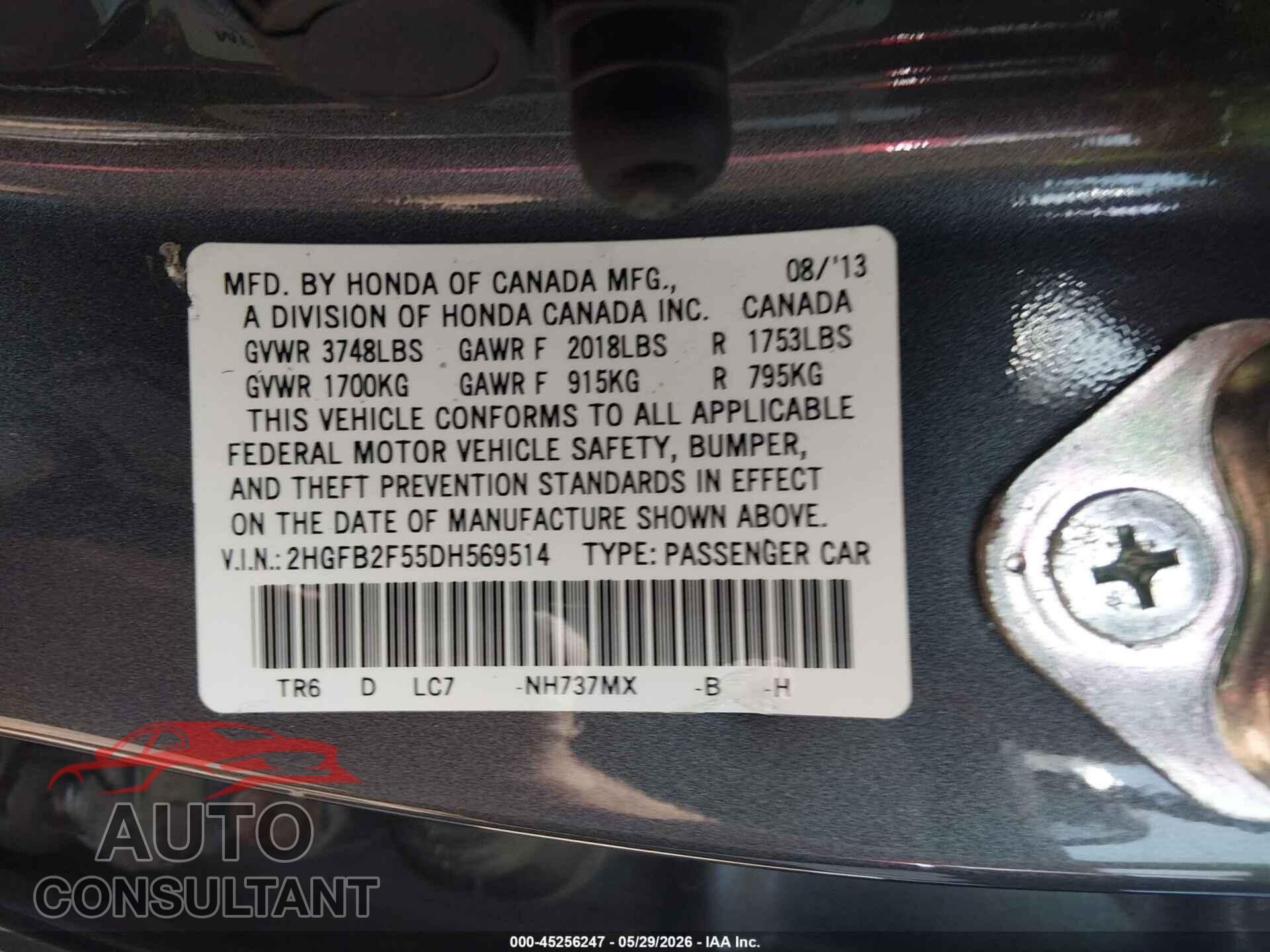 HONDA CIVIC 2013 - 2HGFB2F55DH569514