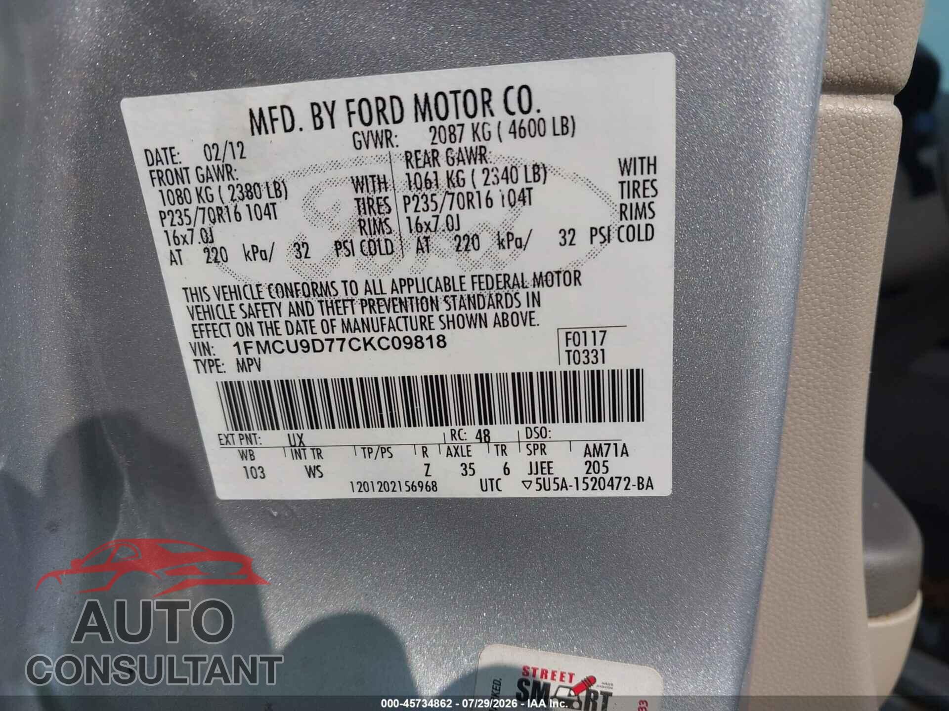 FORD ESCAPE 2012 - 1FMCU9D77CKC09818