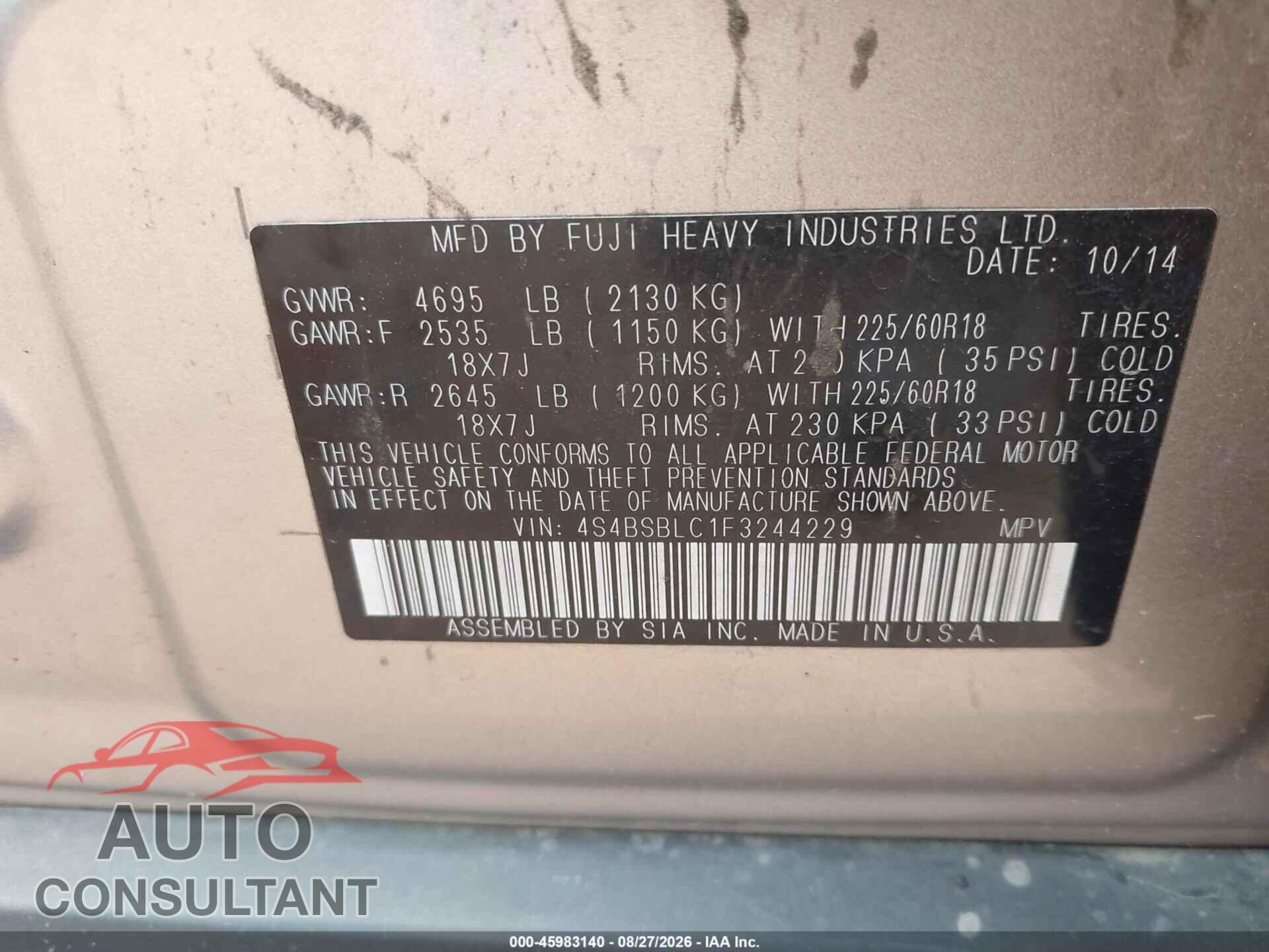 SUBARU OUTBACK 2015 - 4S4BSBLC1F3244229