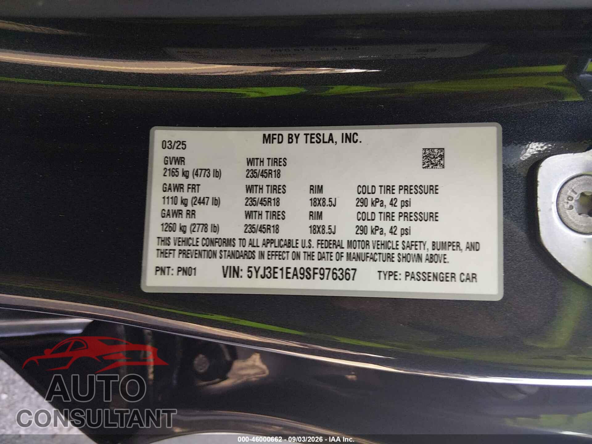 TESLA MODEL 3 2025 - 5YJ3E1EA9SF976367
