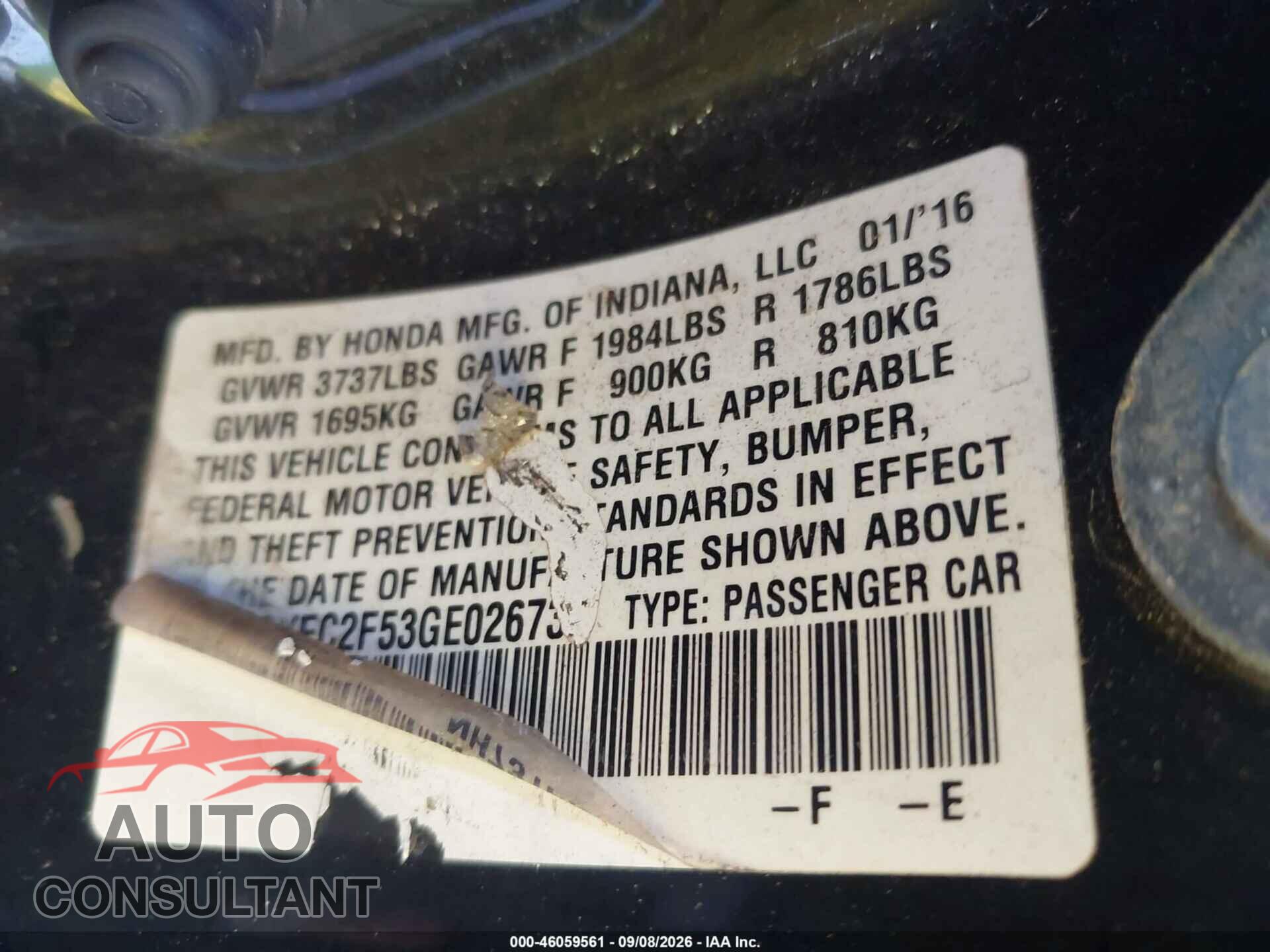 HONDA CIVIC 2016 - 19XFC2F53GE026738