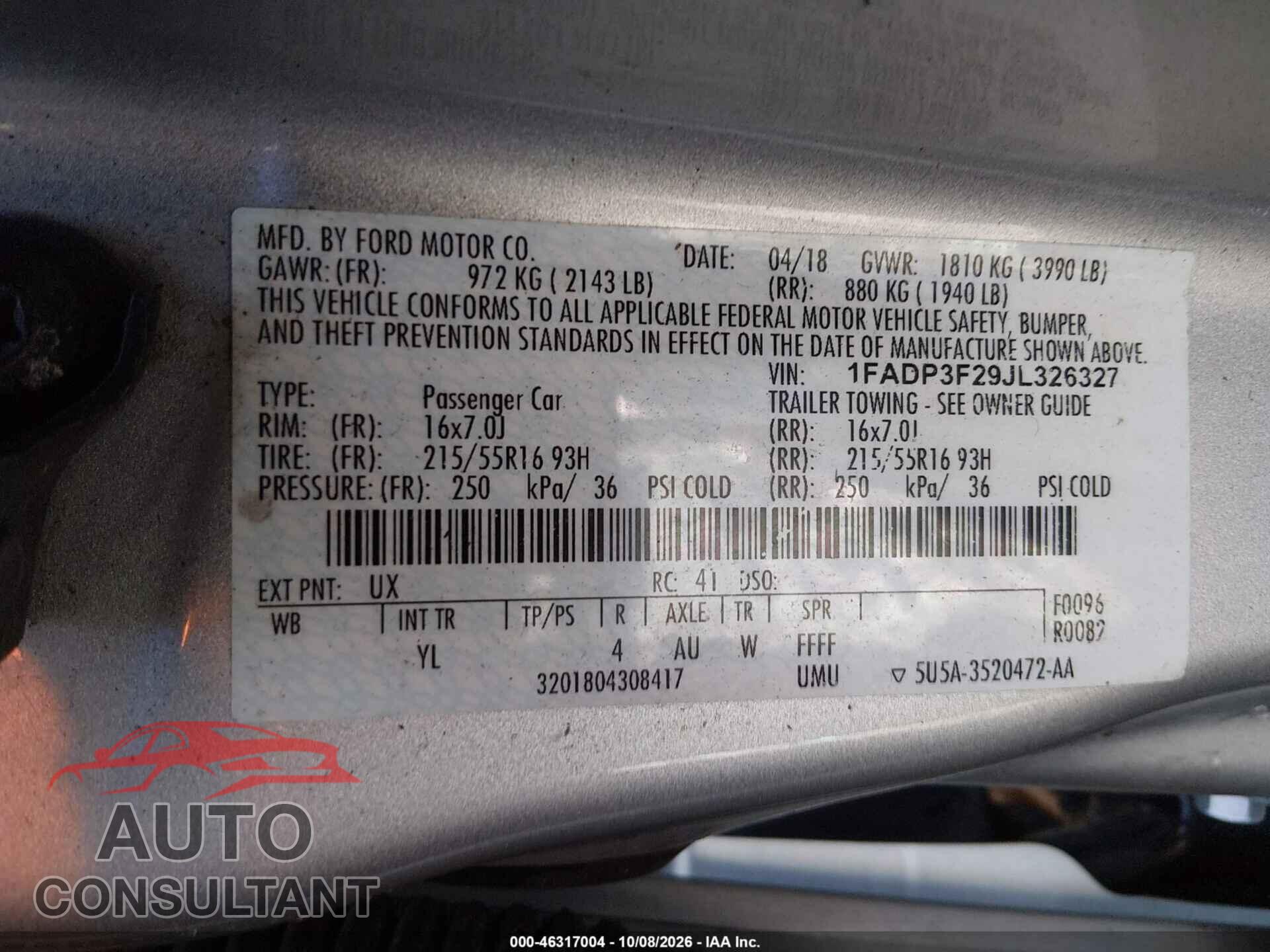 FORD FOCUS 2018 - 1FADP3F29JL326327