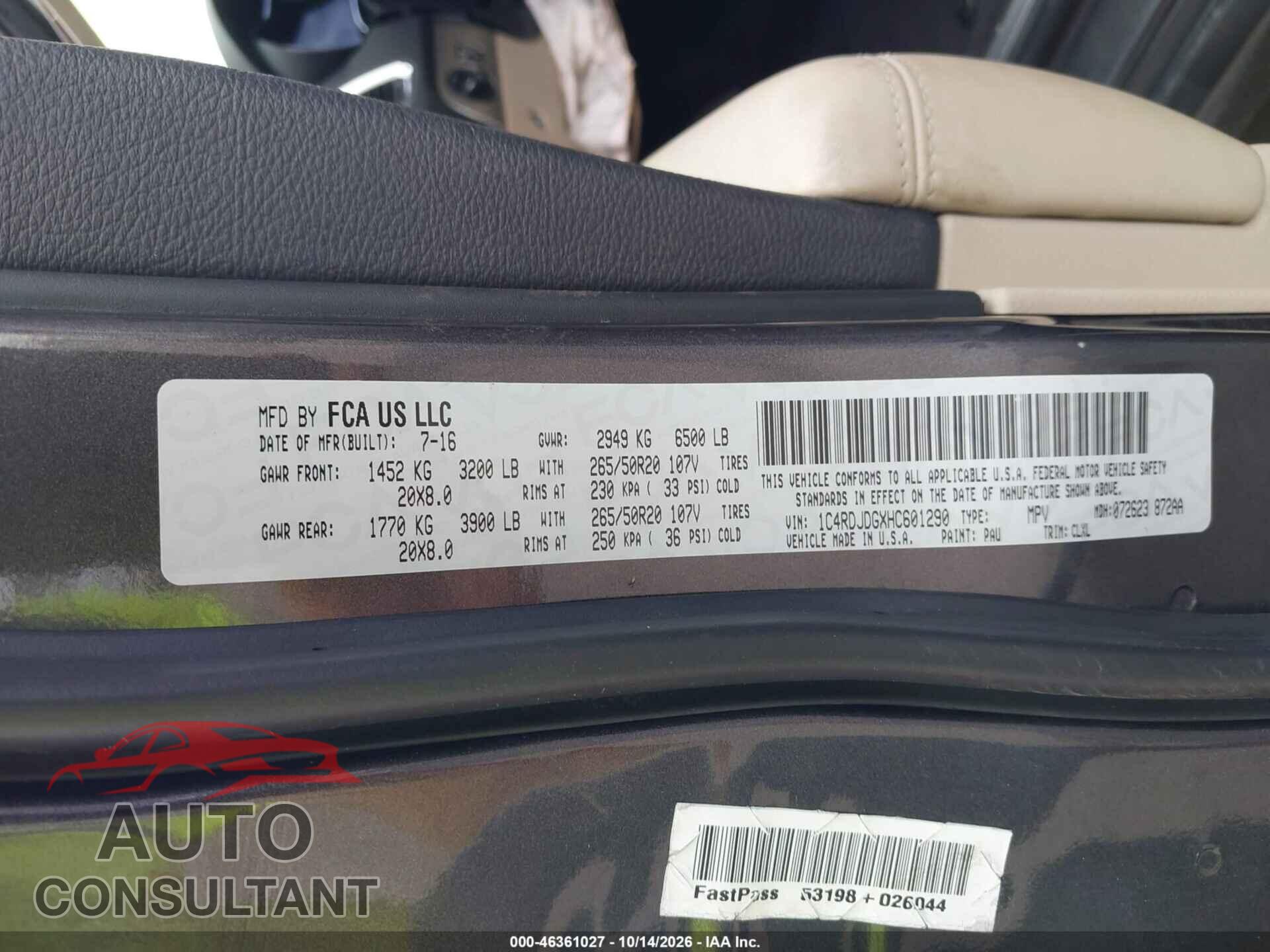 DODGE DURANGO 2017 - 1C4RDJDGXHC601290
