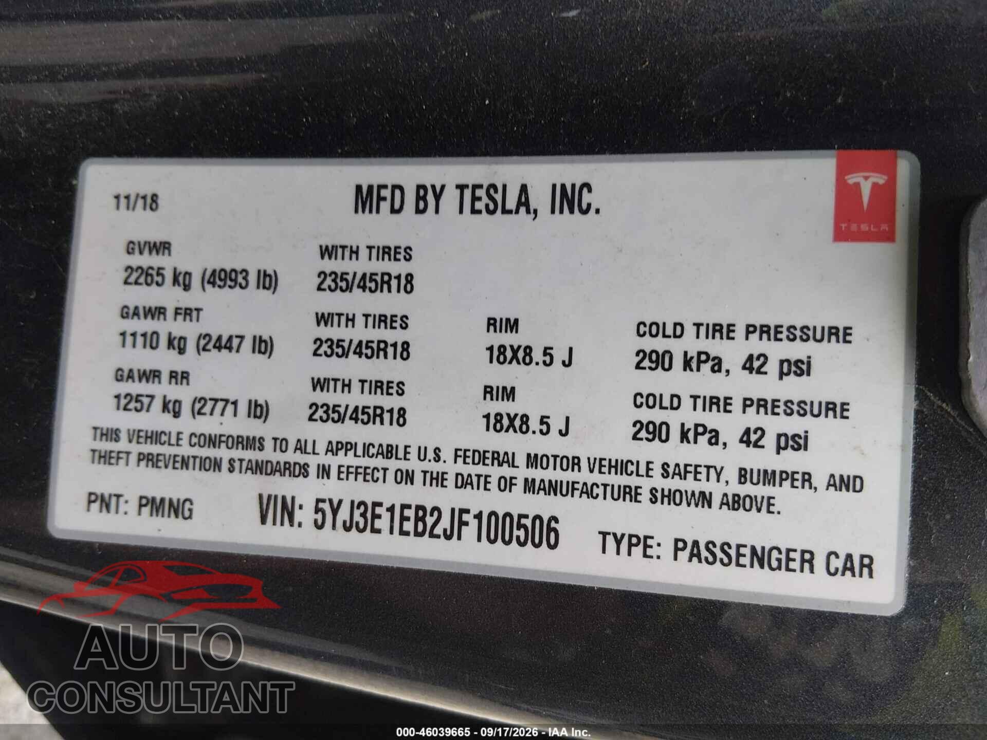 TESLA MODEL 3 2018 - 5YJ3E1EB2JF100506