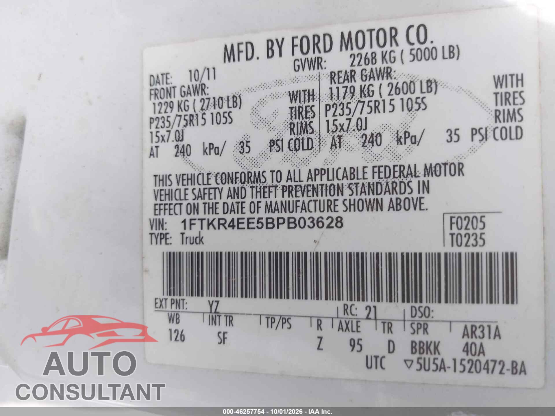 FORD RANGER 2011 - 1FTKR4EE5BPB03628