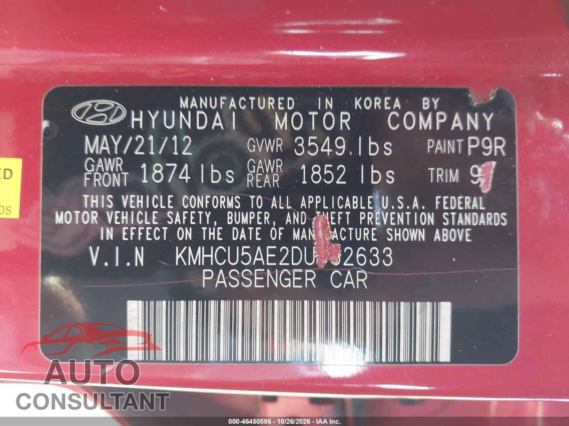 HYUNDAI ACCENT 2013 - KMHCU5AE2DU062633