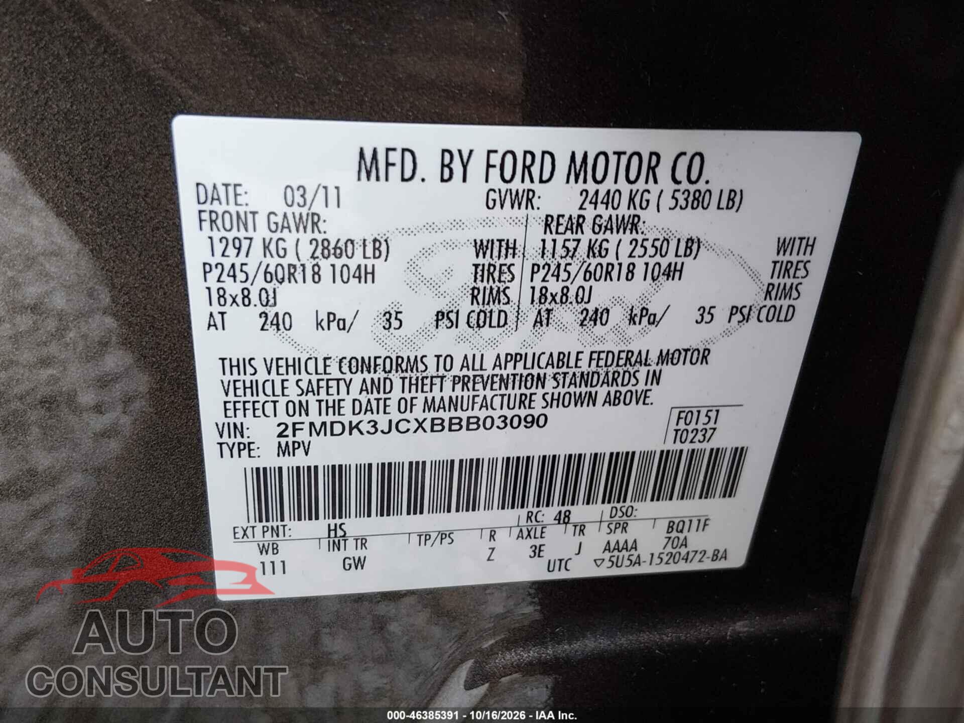 FORD EDGE 2011 - 2FMDK3JCXBBB03090