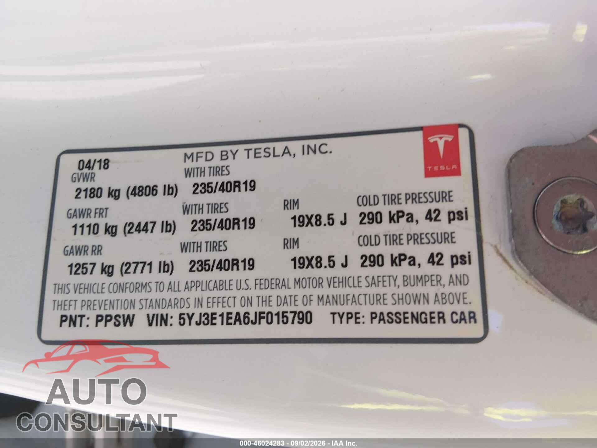 TESLA MODEL 3 2018 - 5YJ3E1EA6JF015790