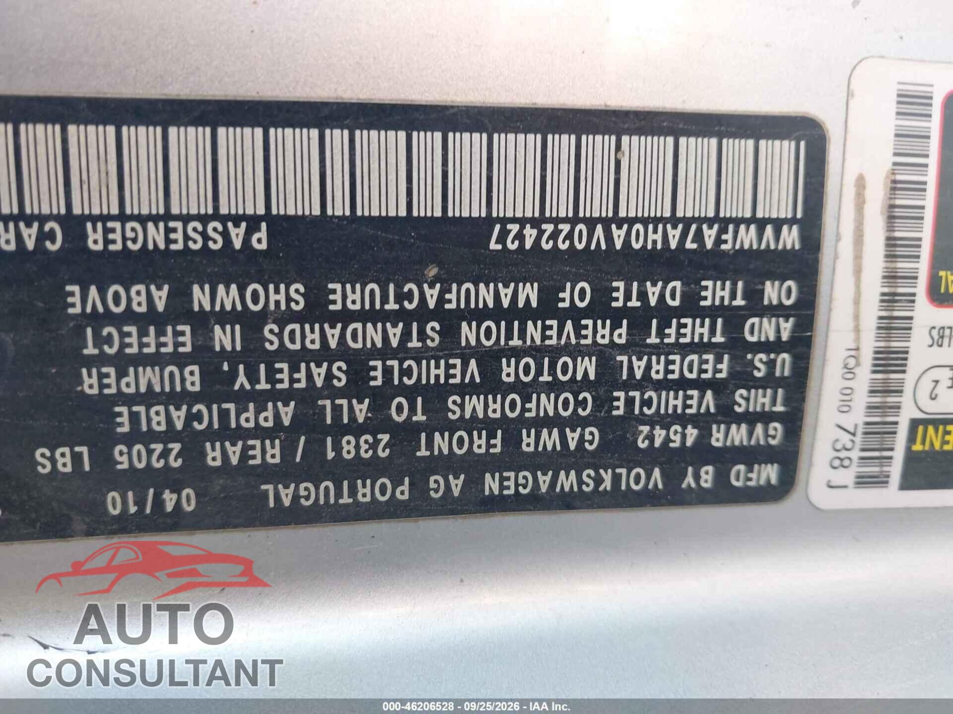 VOLKSWAGEN EOS 2010 - WVWFA7AH0AV022427