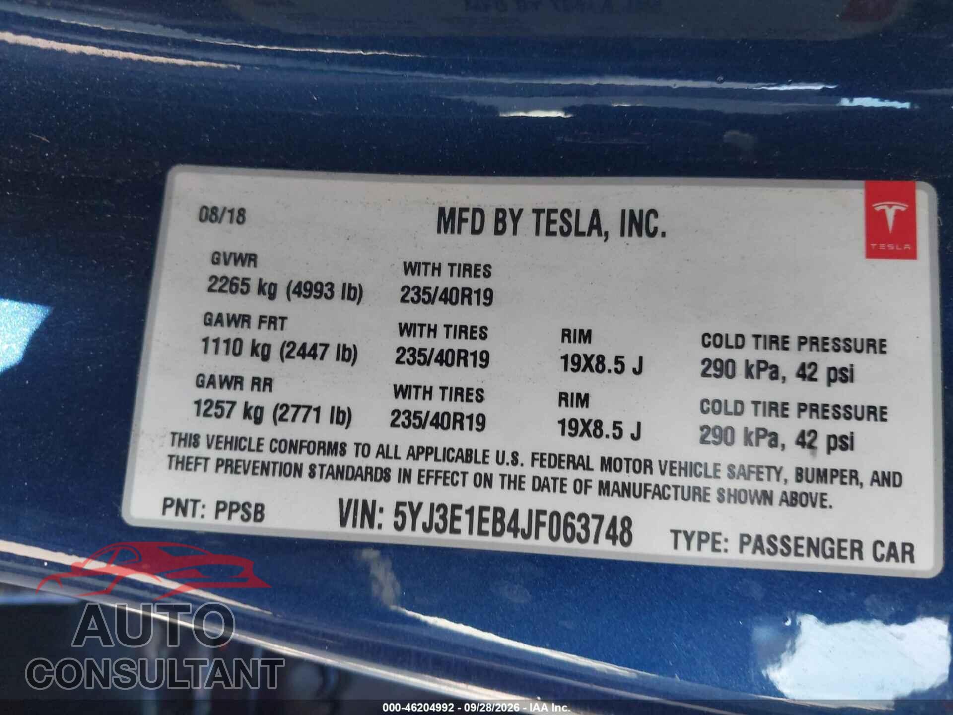 TESLA MODELO 3 2018 - 5YJ3E1EB4JF063748