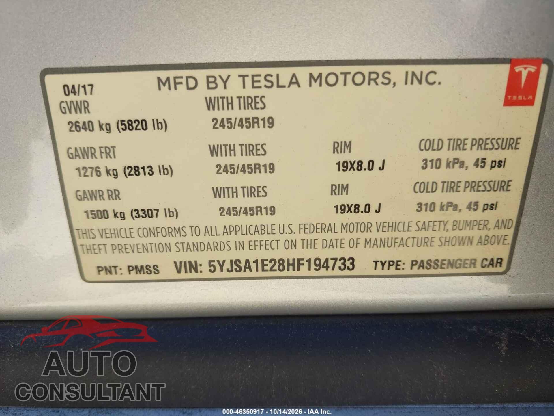 TESLA MODEL S 2017 - 5YJSA1E28HF194733