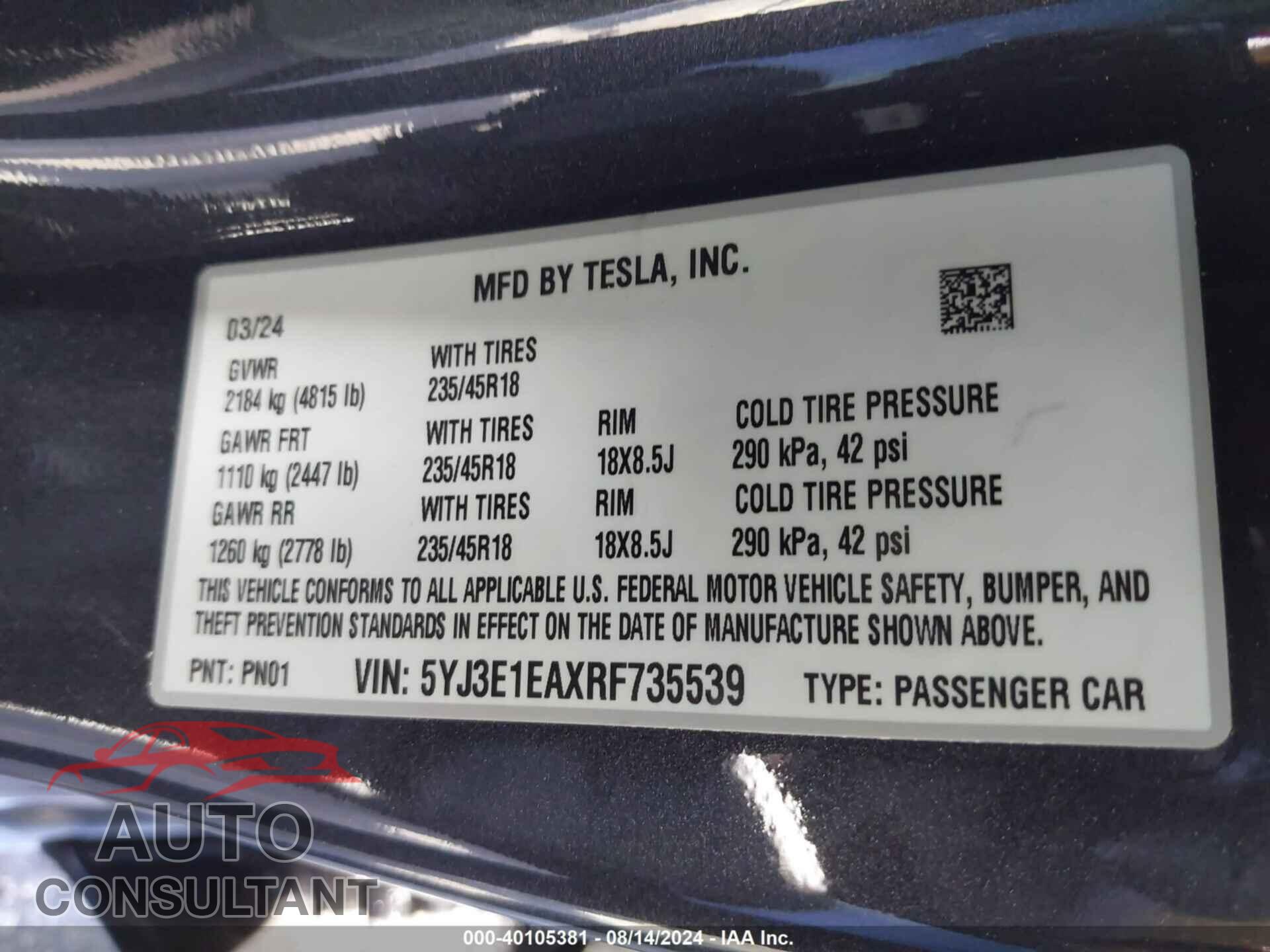 TESLA MODEL 3 2024 - 5YJ3E1EAXRF735539