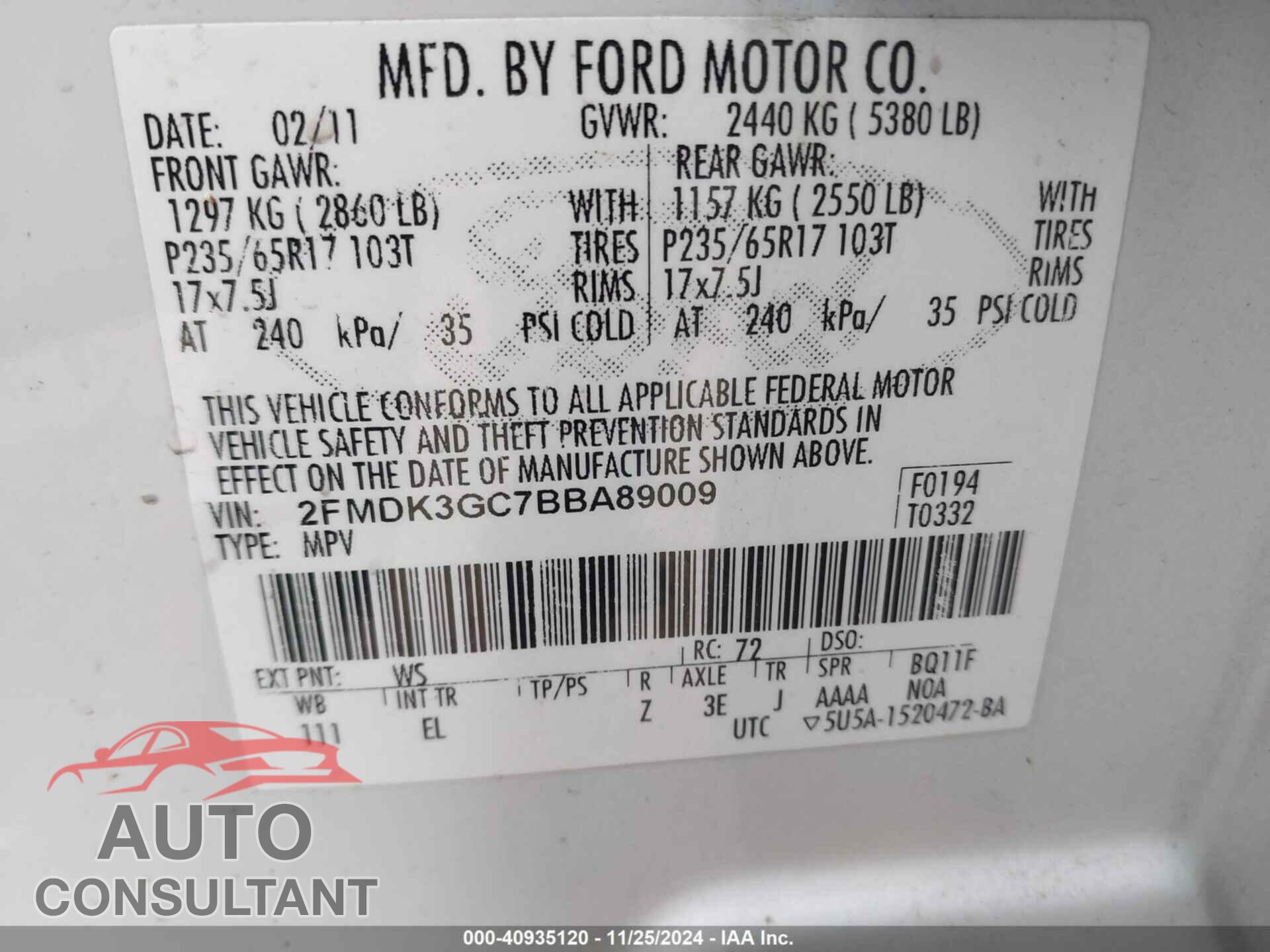 FORD EDGE 2011 - 2FMDK3GC7BBA89009