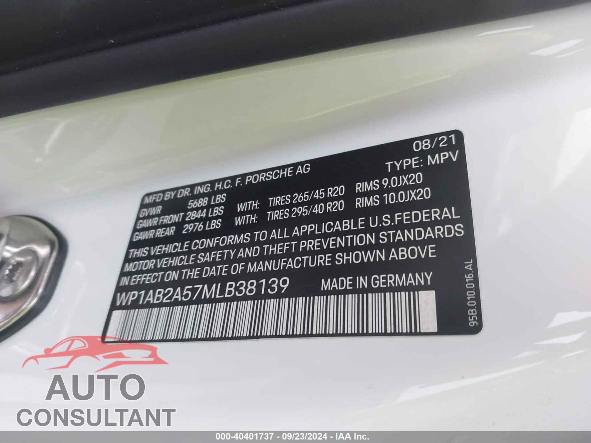 PORSCHE MACAN 2021 - WP1AB2A57MLB38139