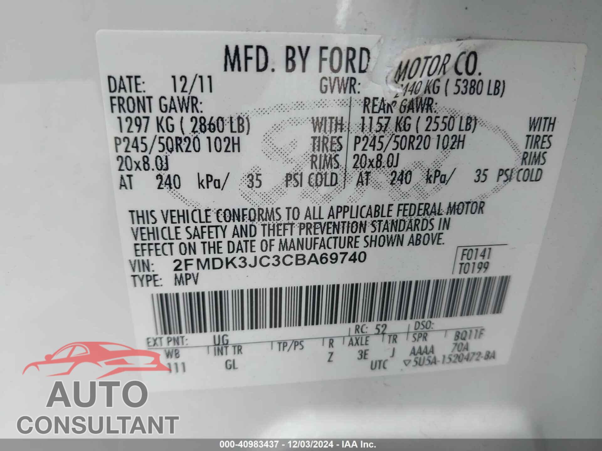 FORD EDGE 2012 - 2FMDK3JC3CBA69740