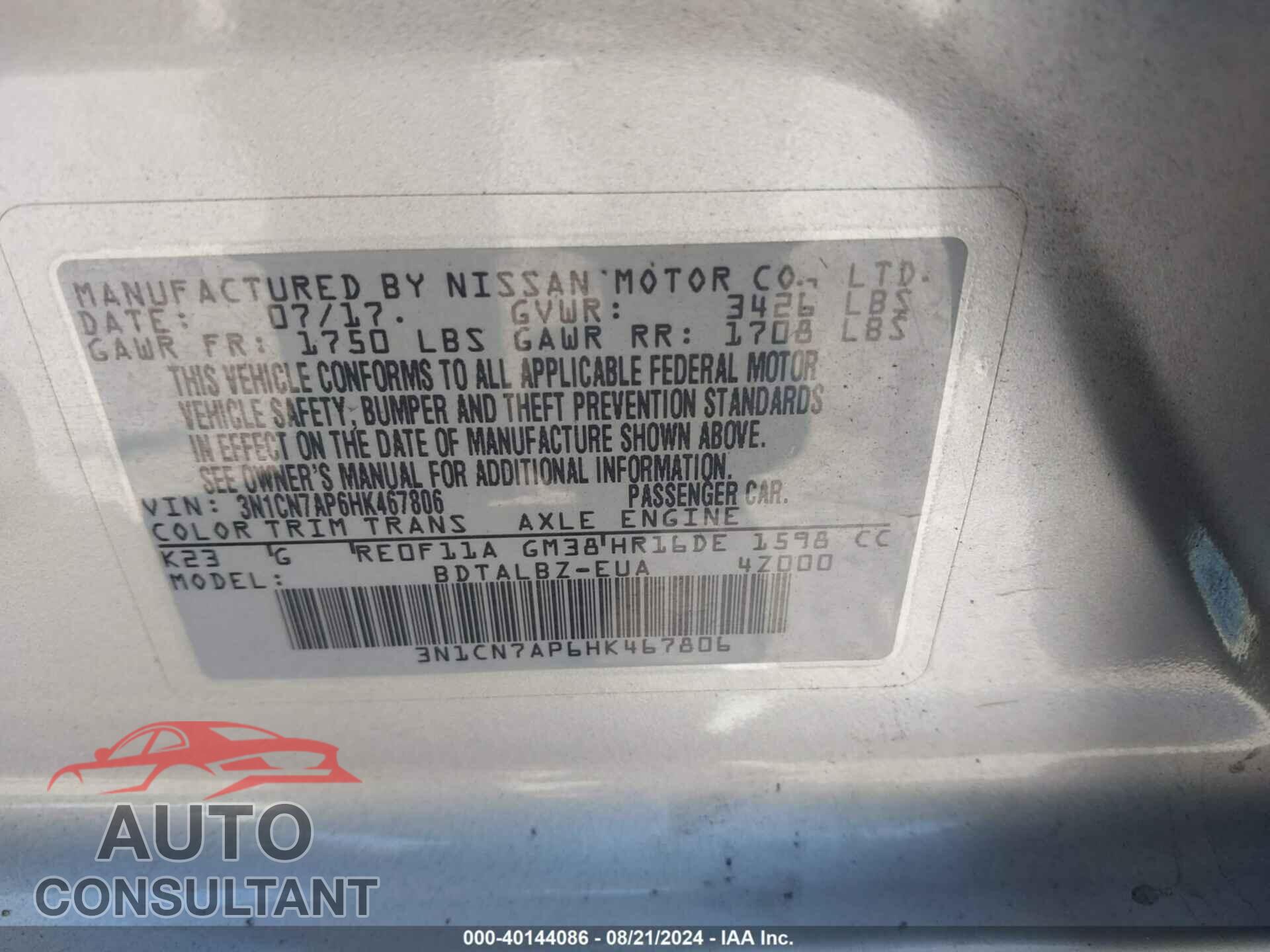 NISSAN VERSA 2017 - 3N1CN7AP6HK467806