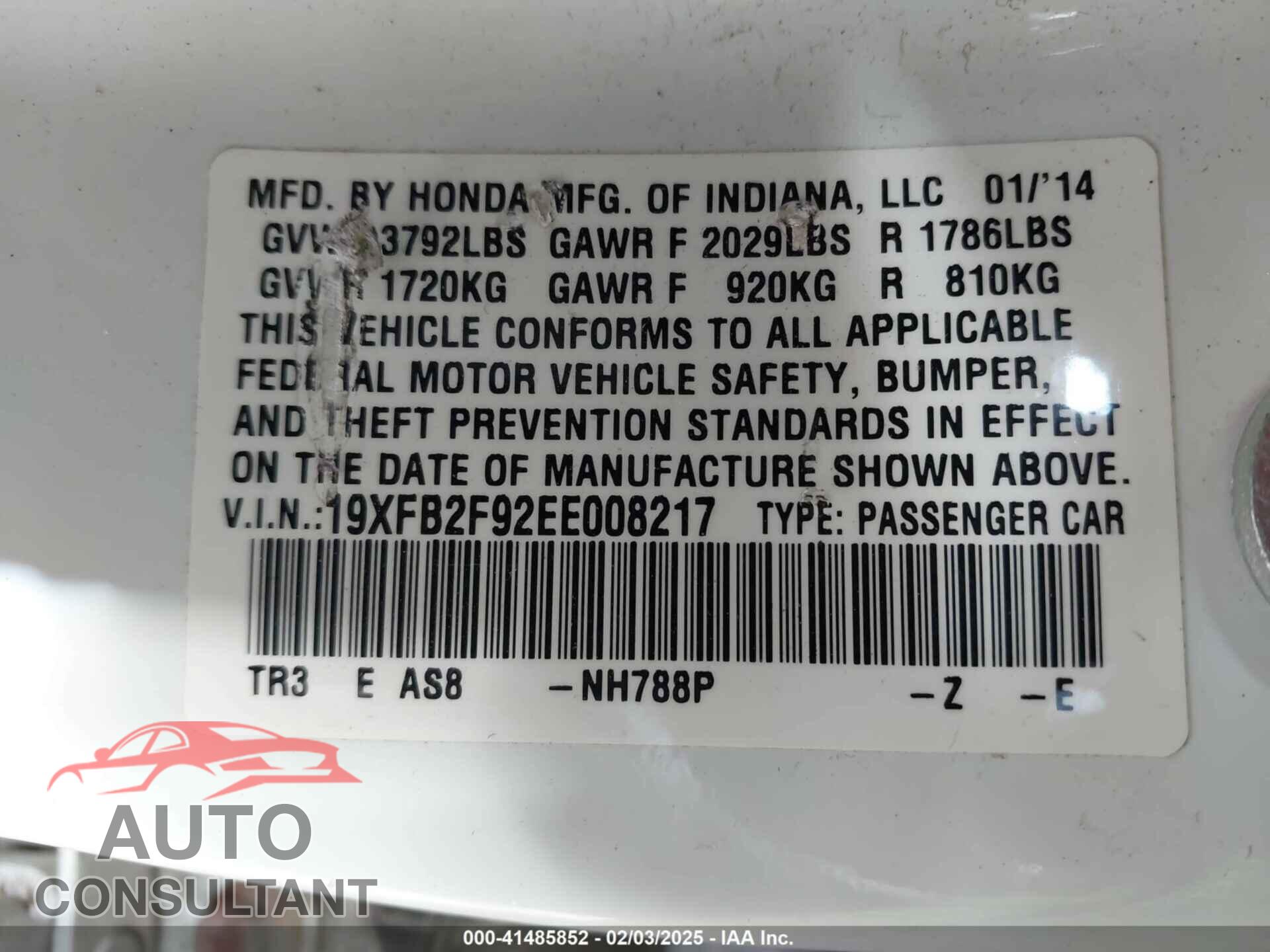 HONDA CIVIC 2014 - 19XFB2F92EE008217