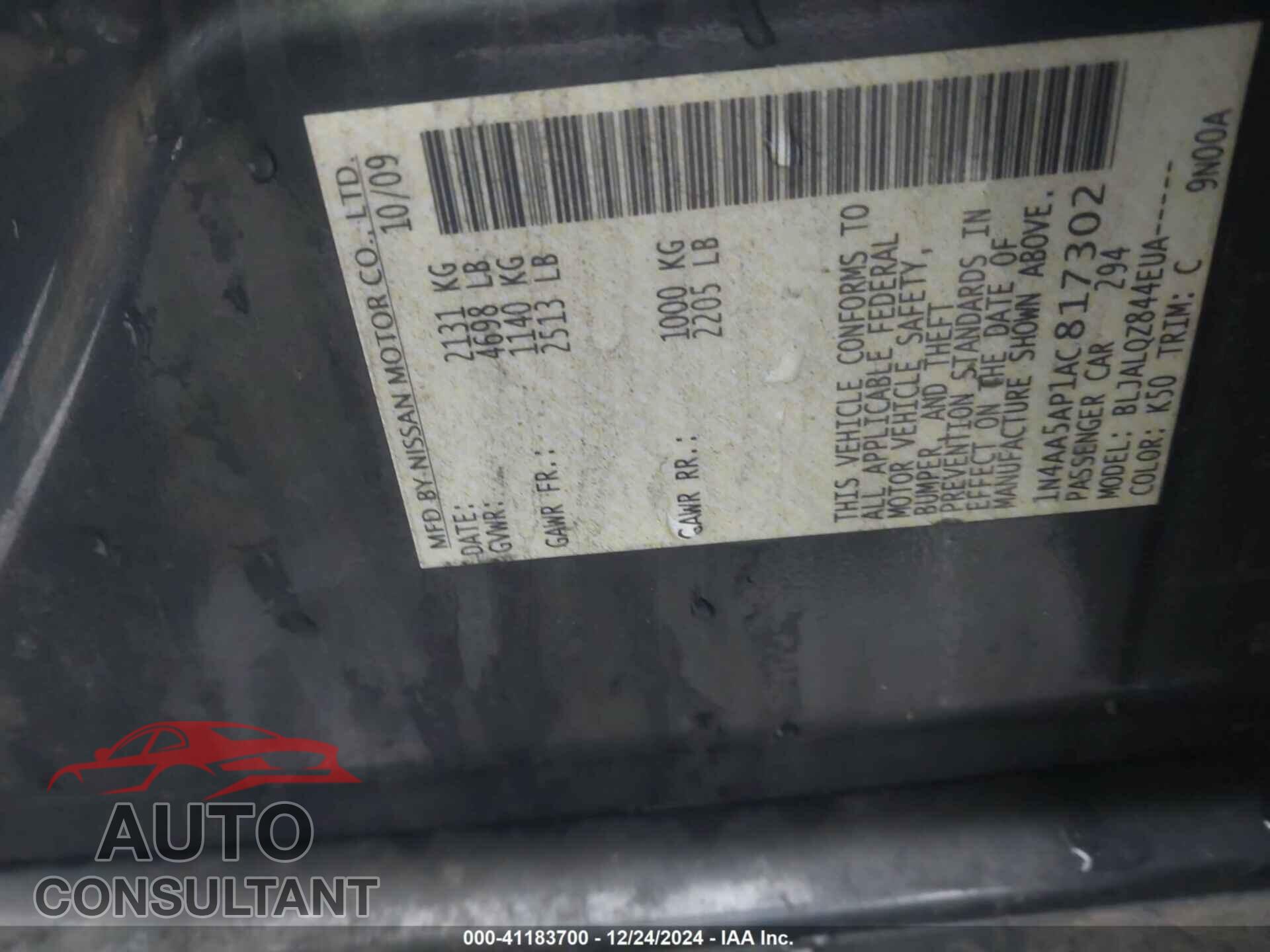 NISSAN MAXIMA 2010 - 1N4AA5AP1AC817302