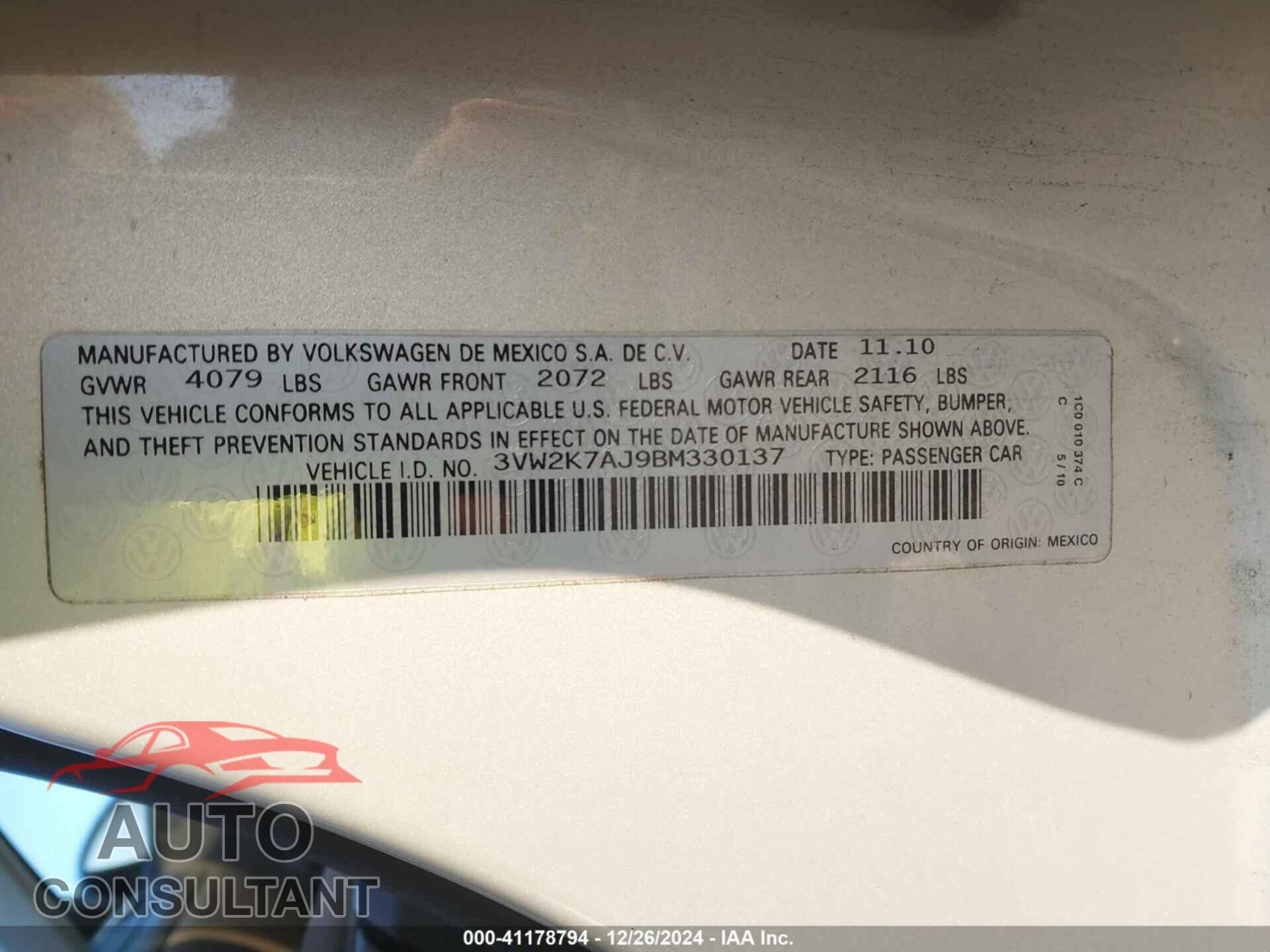 VOLKSWAGEN JETTA 2011 - 3VW2K7AJ9BM330137