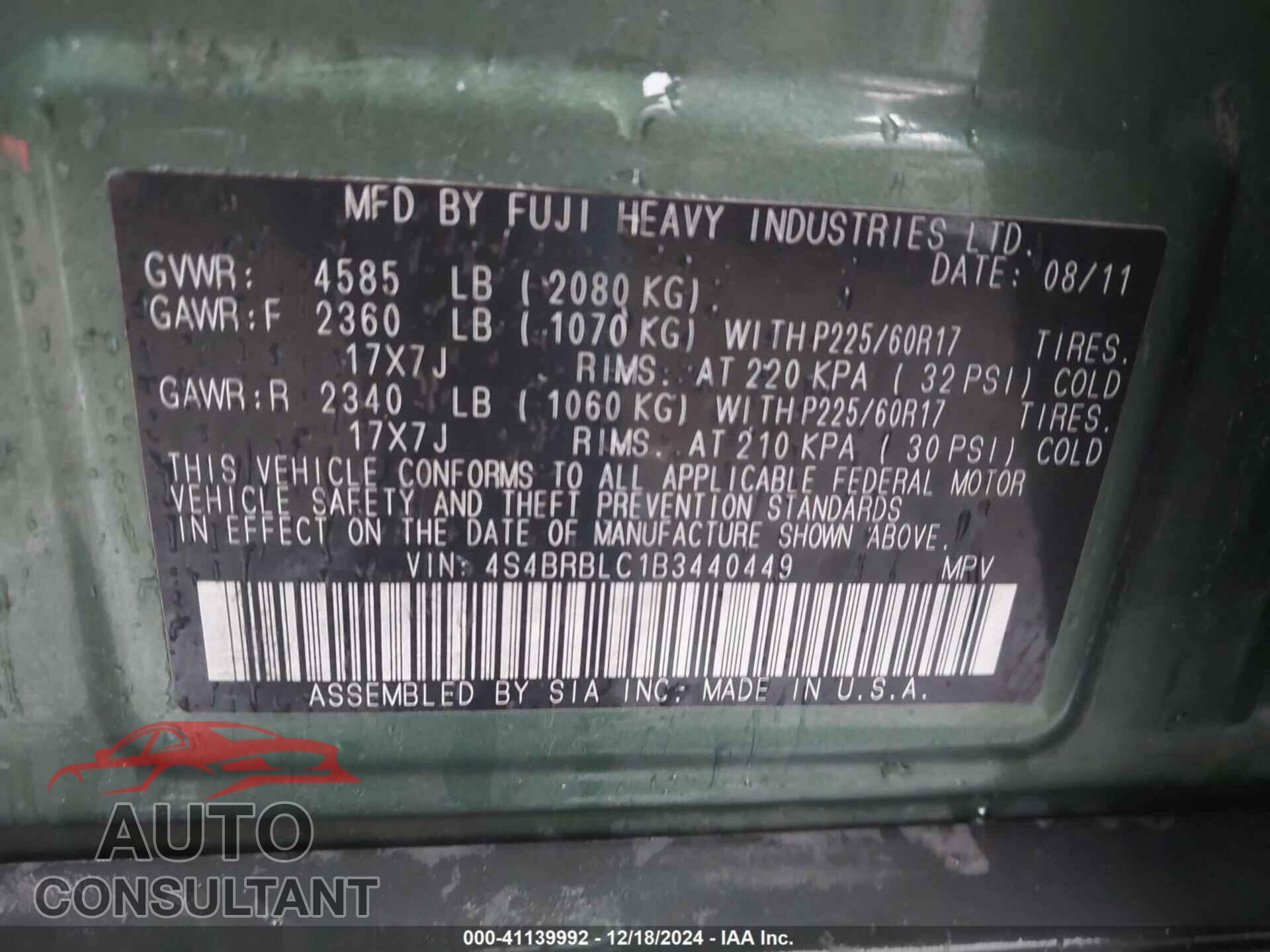 SUBARU OUTBACK 2011 - 4S4BRBLC1B3440449