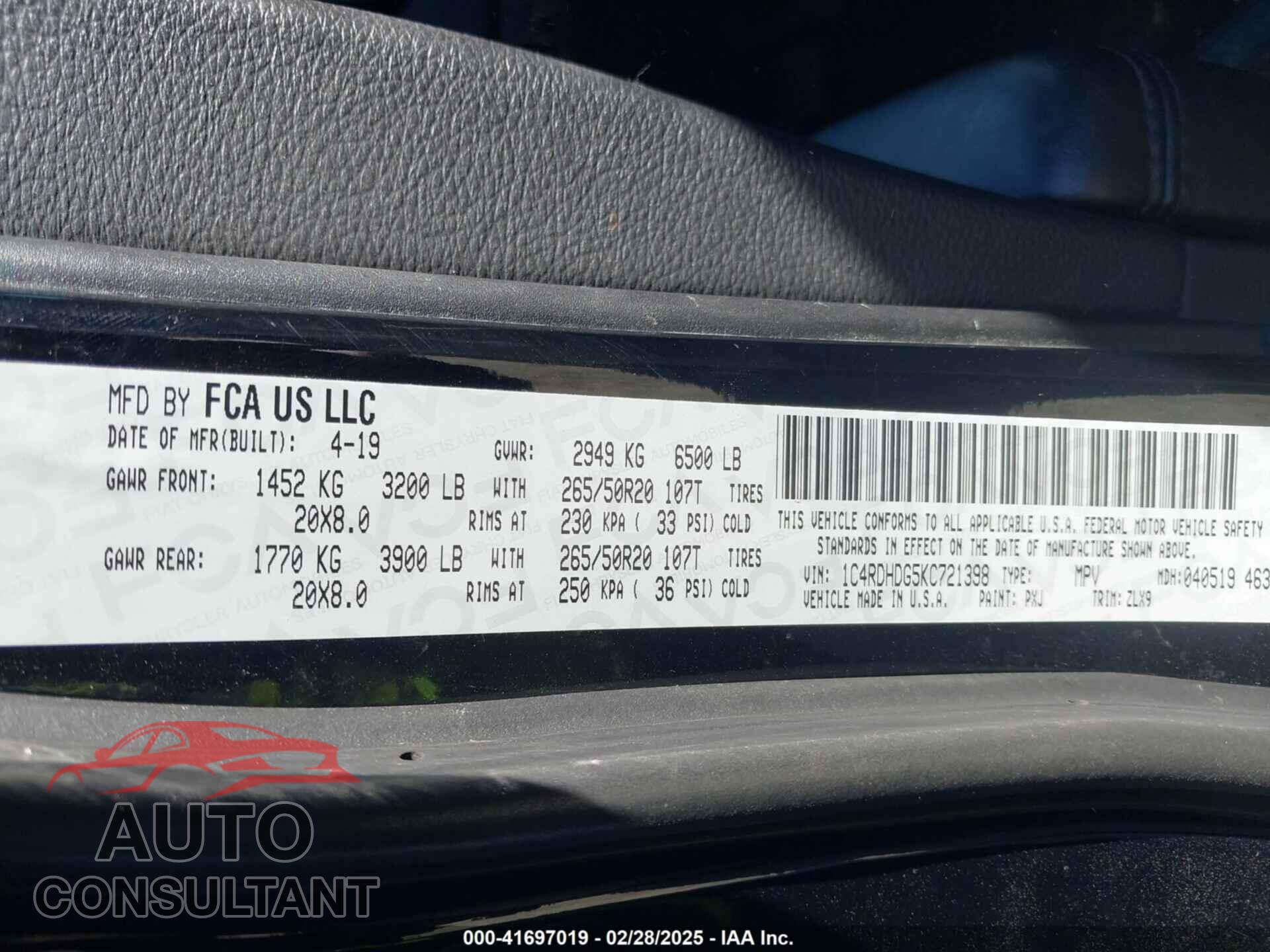 DODGE DURANGO 2019 - 1C4RDHDG5KC721398