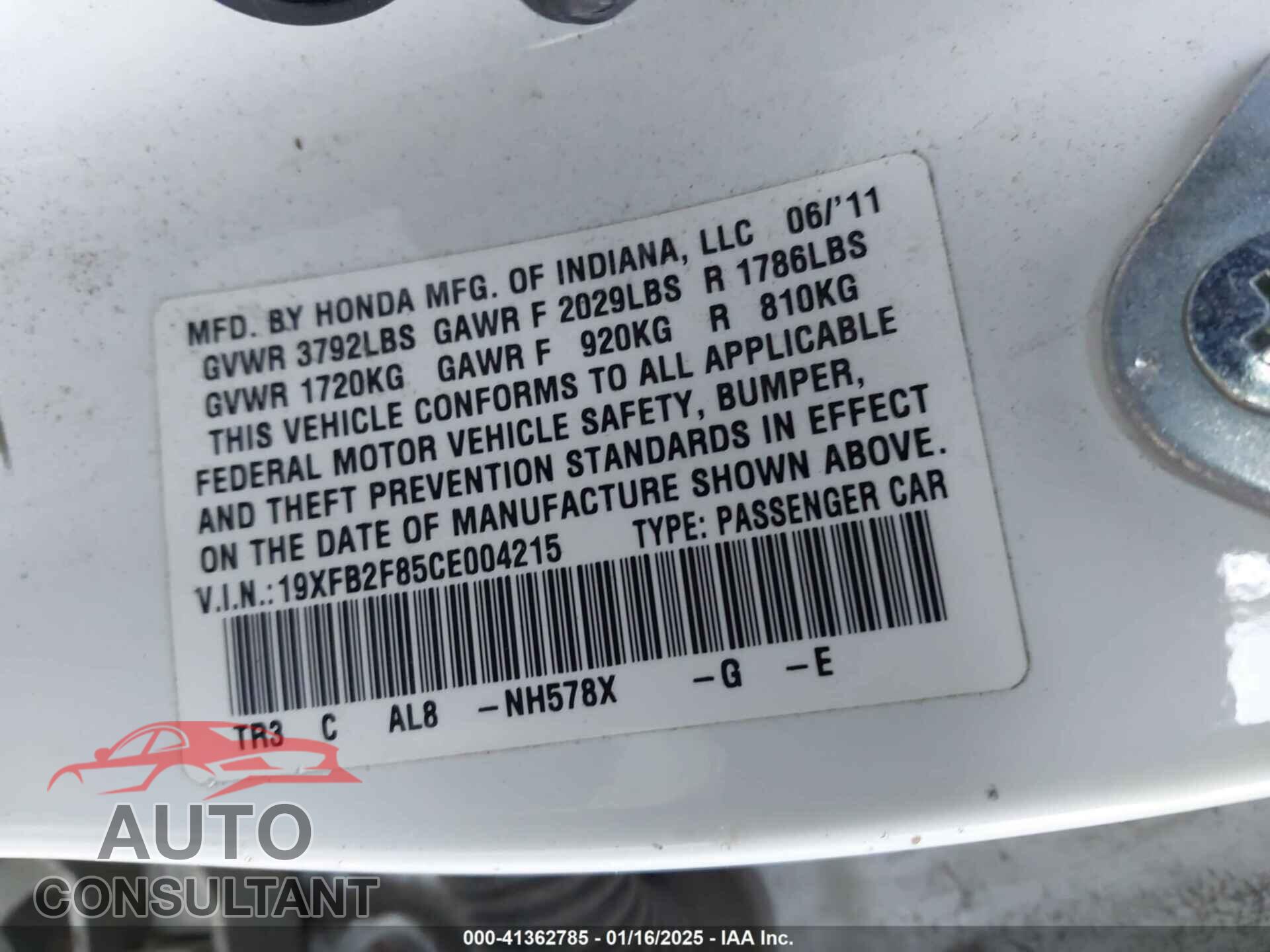 HONDA CIVIC 2012 - 19XFB2F85CE004215