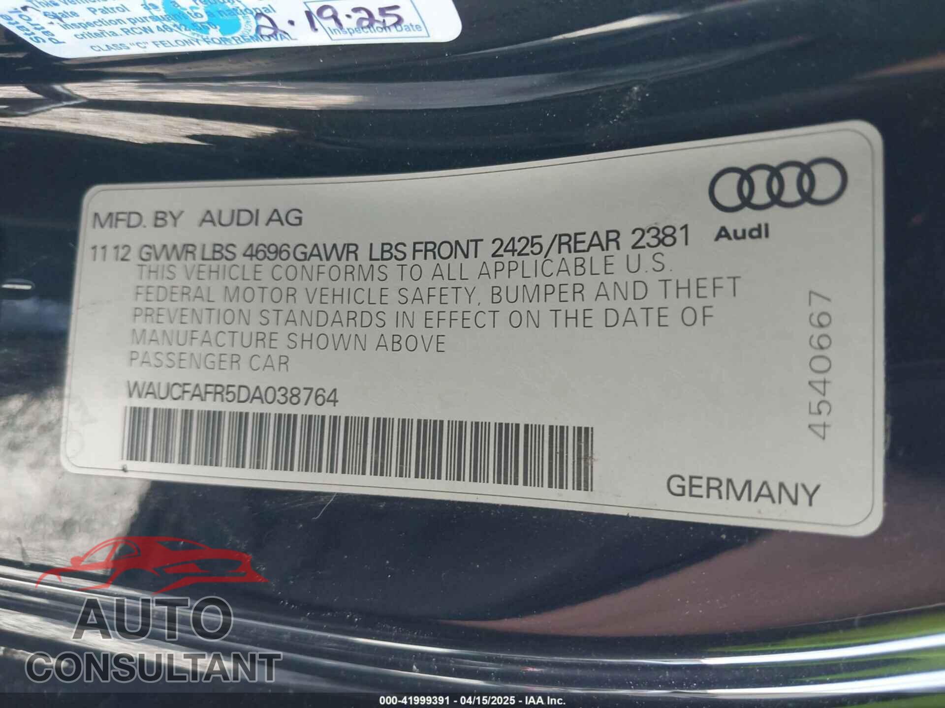 AUDI A5 2013 - WAUCFAFR5DA038764