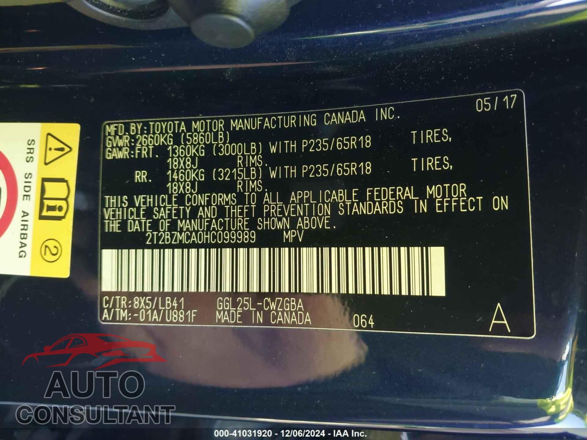 LEXUS RX 350 2017 - 2T2BZMCA0HC099989