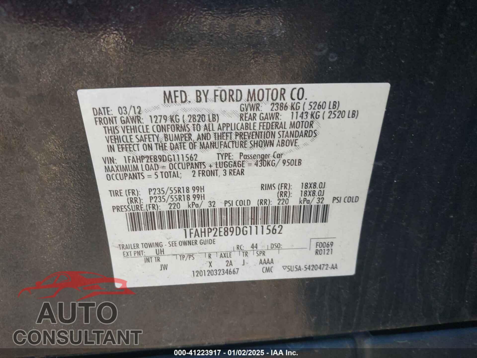FORD TAURUS 2013 - 1FAHP2E89DG111562