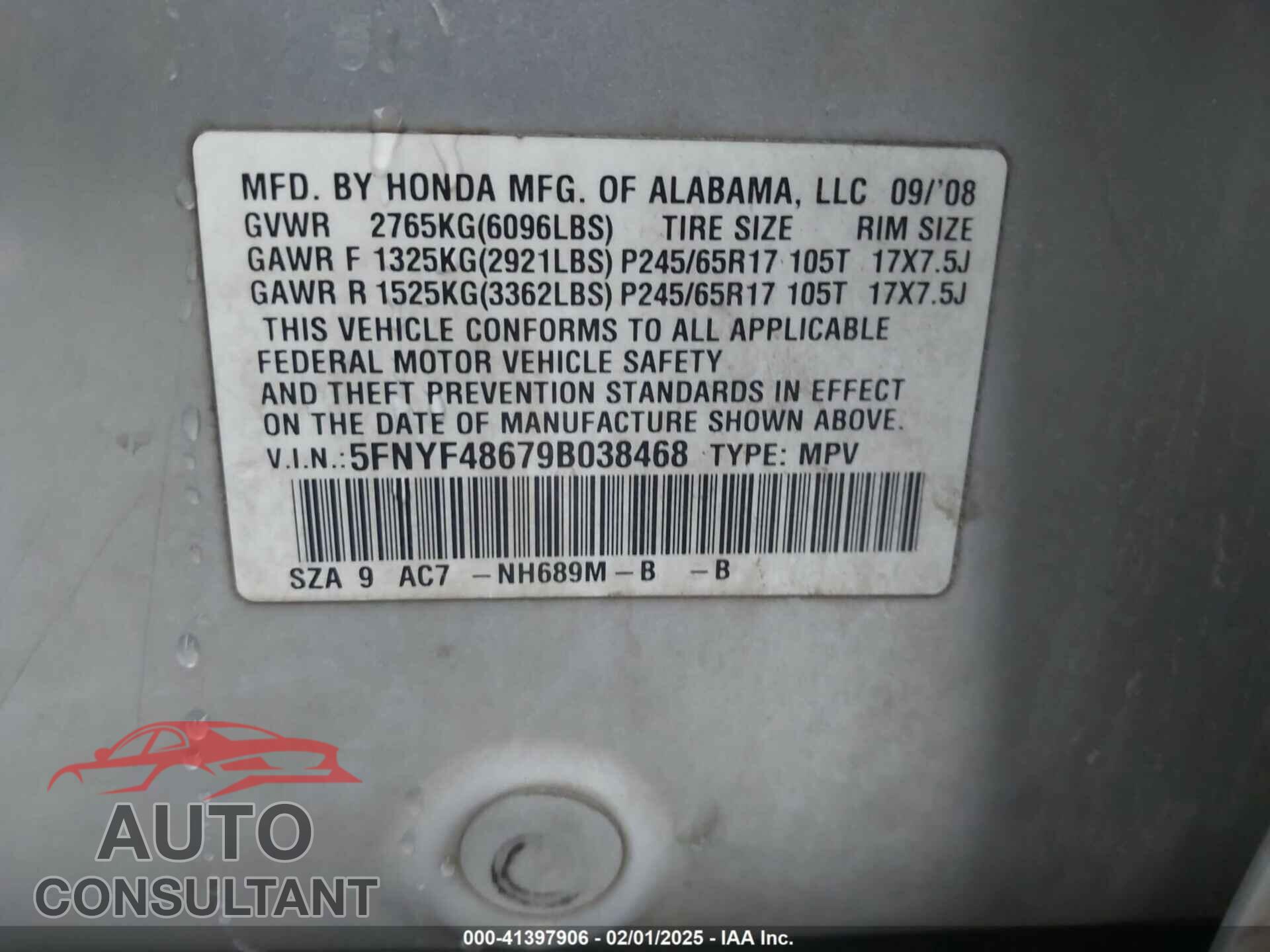 HONDA PILOT 2009 - 5FNYF48679B038468